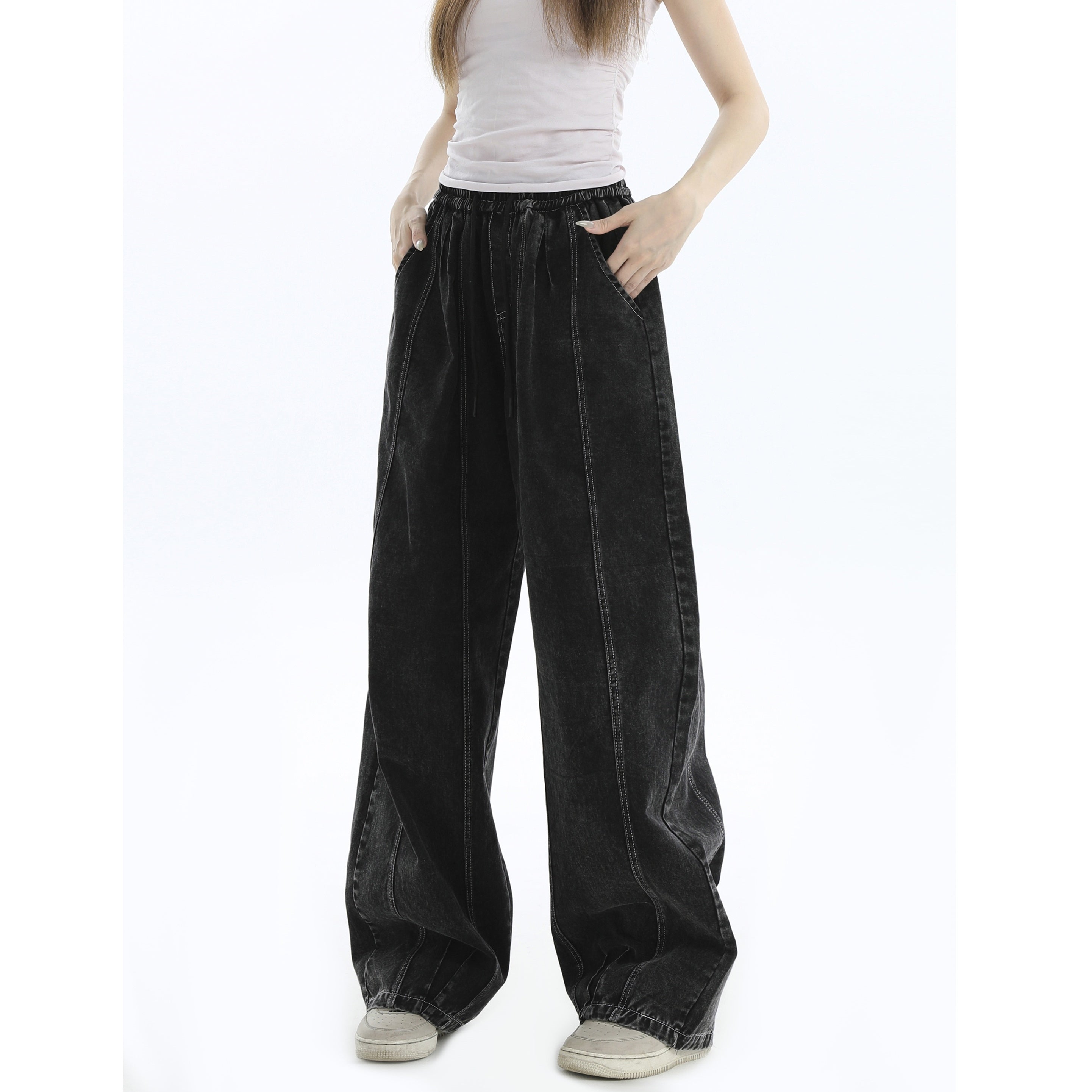 Splicing Crimping Wash Loose Jeans IN7046