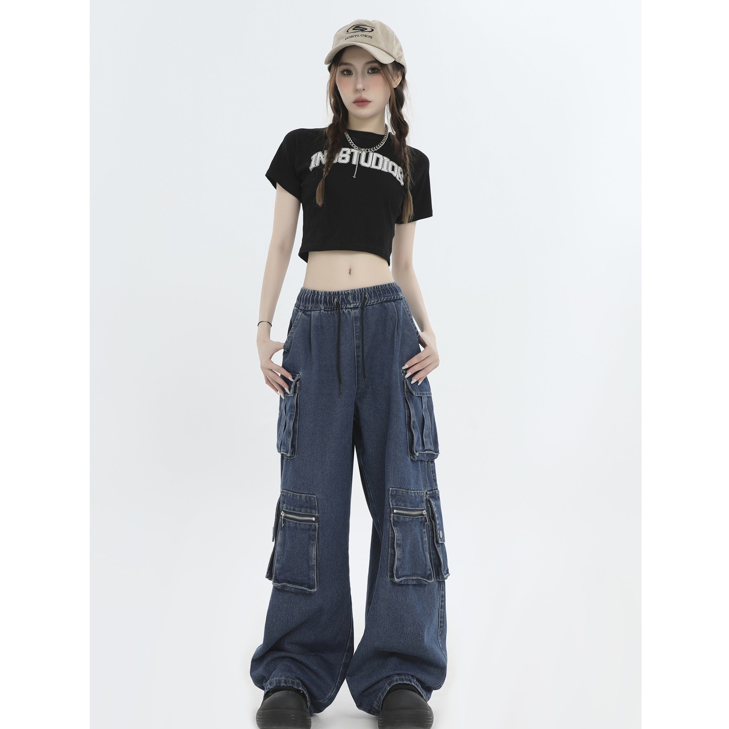 Distressed Loose Work Style Cargo Jeans IN7025