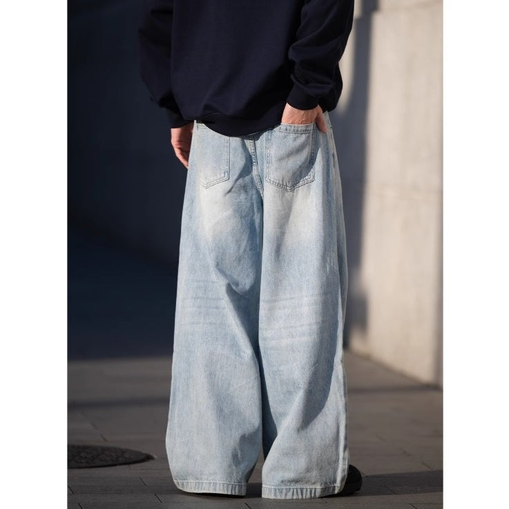 Side Double Pleats Wide Leg Wash Jeans BI2004