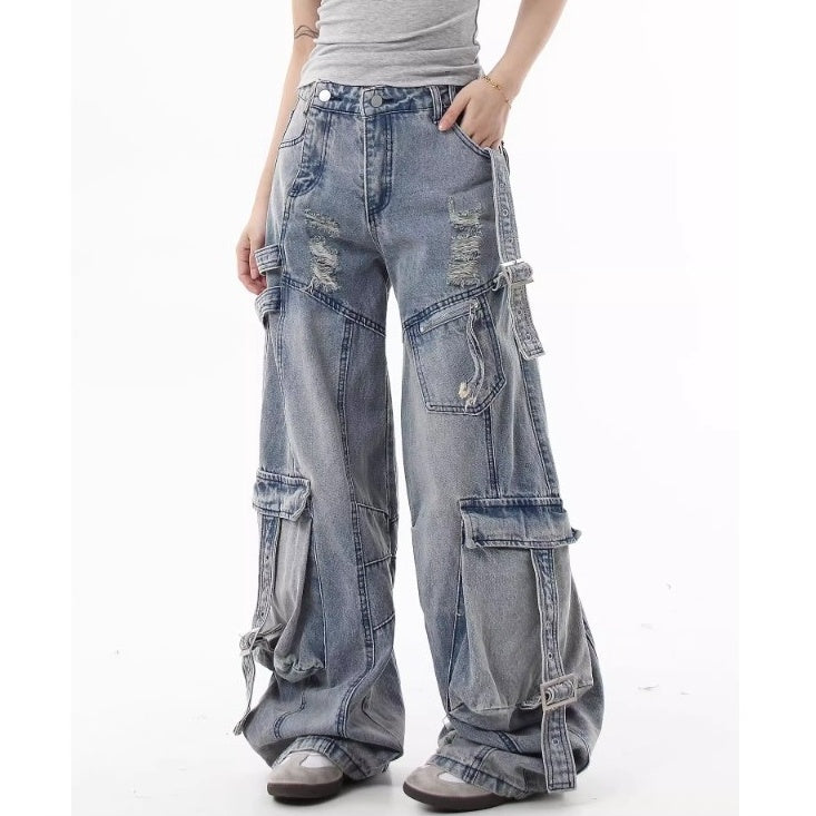 Ripped Scimitar Strap Cargo Jeans MB7343
