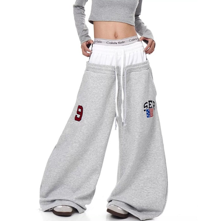 Double-Waist Letter Print Curve Sweat Pants MB7414