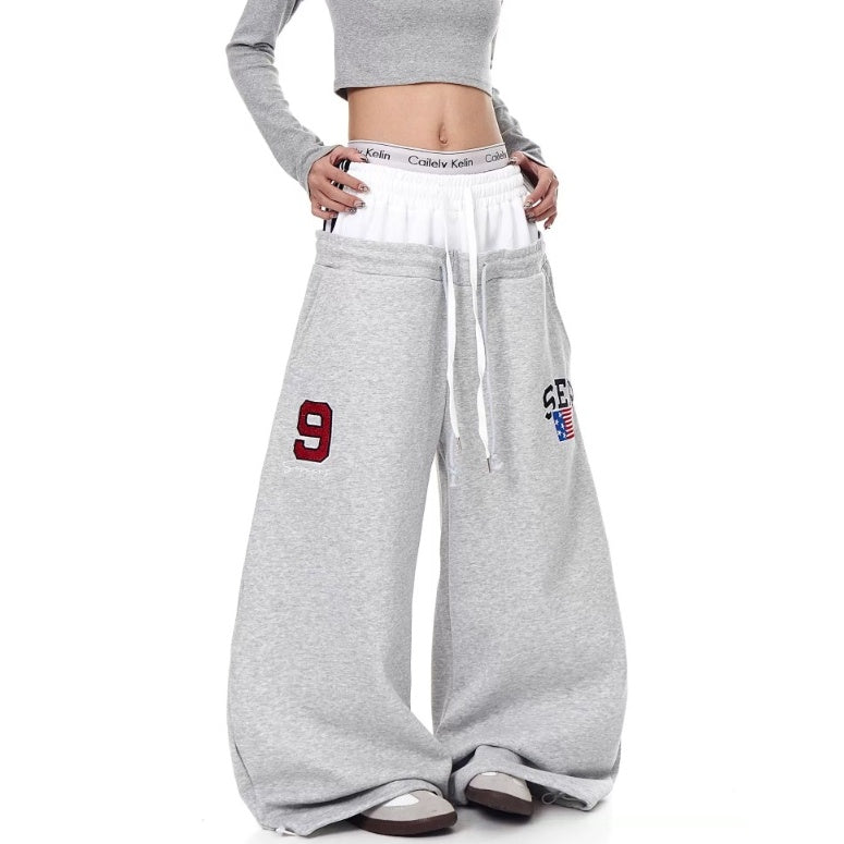 Double-Waist Letter Print Curve Sweat Pants MB7414