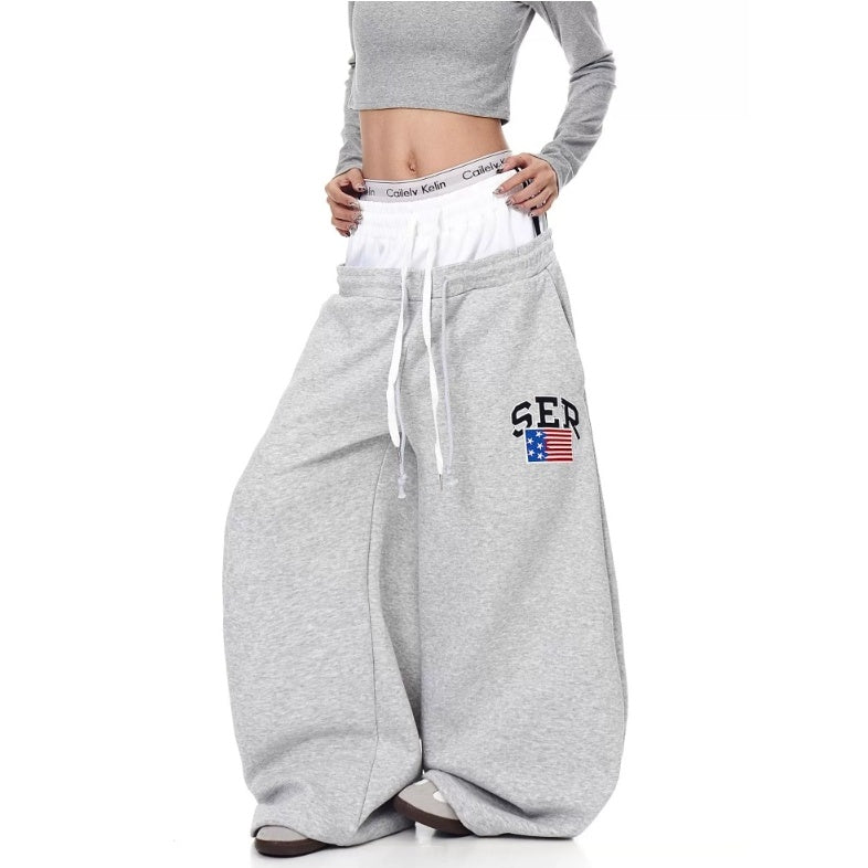 Double-Waist Letter Print Curve Sweat Pants MB7414