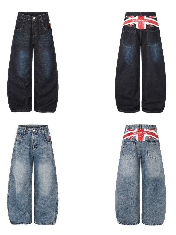 American Flag Print Washed Curved Jeans MB7443