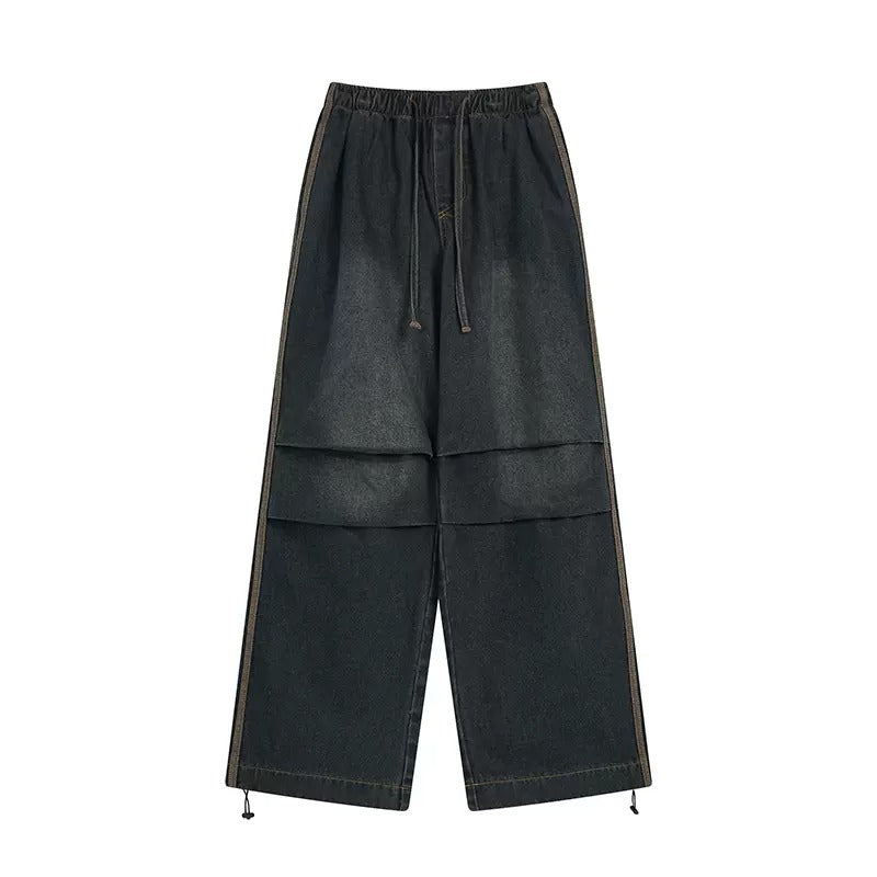 Pleated Design Side Line Wide-leg Straight Jeans MR015