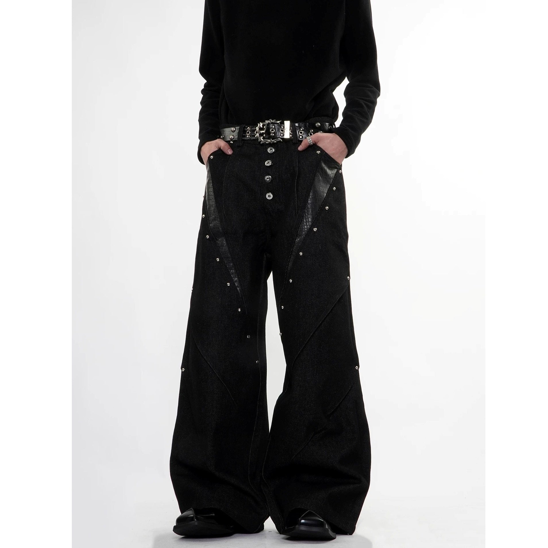 Studded Snake-Embossed Wide Denim Pants MB7411