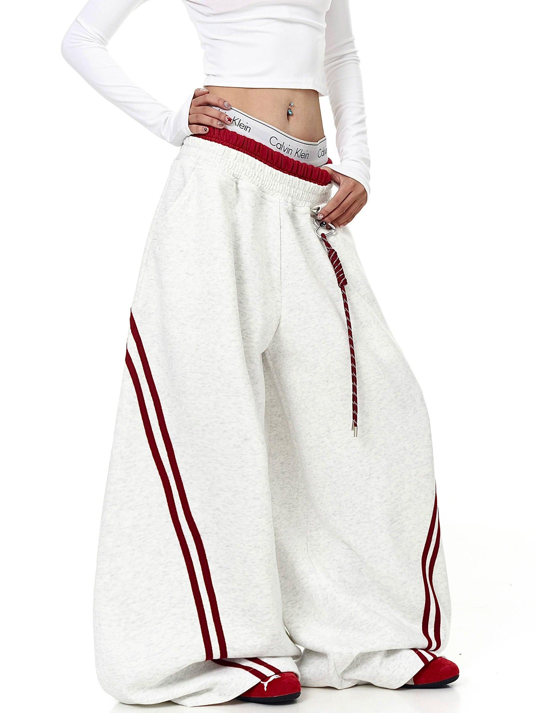 Contrasting Line Double-Waist Wide Curve Sweat Pants MB7431