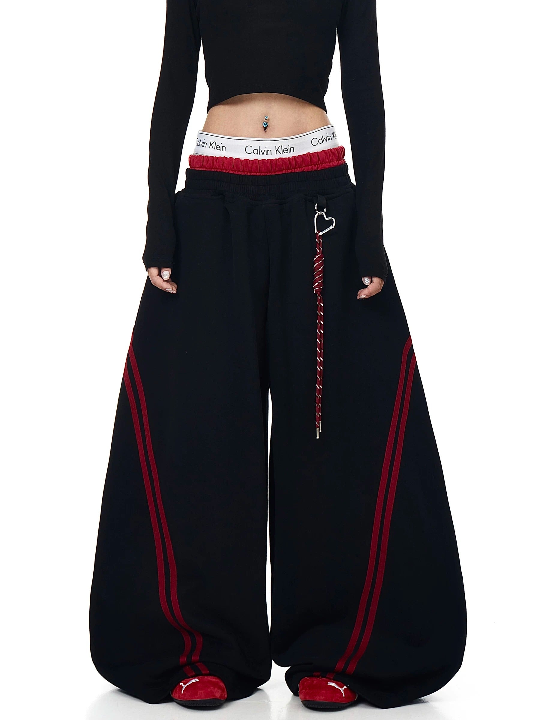 Contrasting Line Double-Waist Wide Curve Sweat Pants MB7431