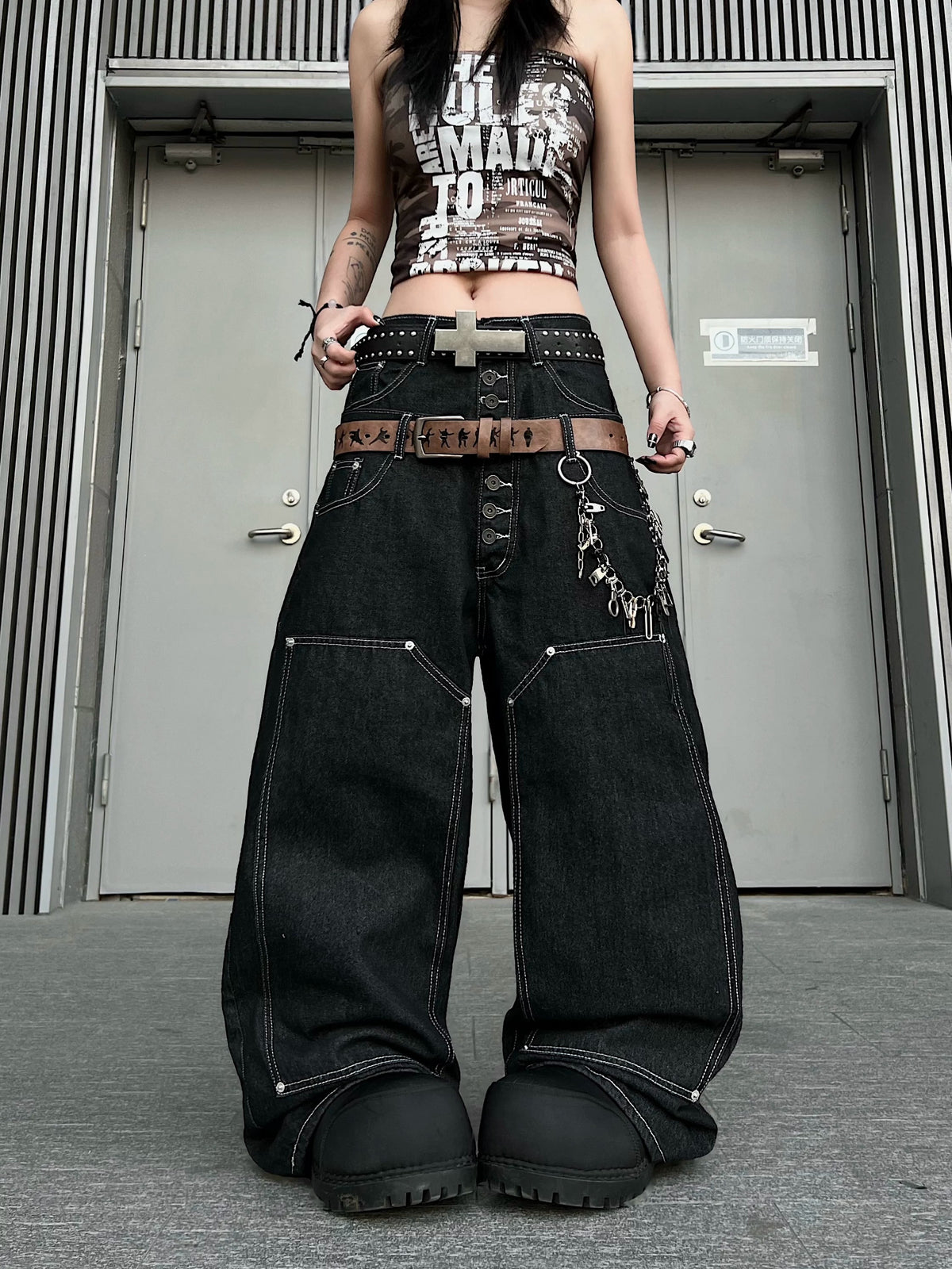 Double-Waist Back Logo Loose Denim Pants MB7459