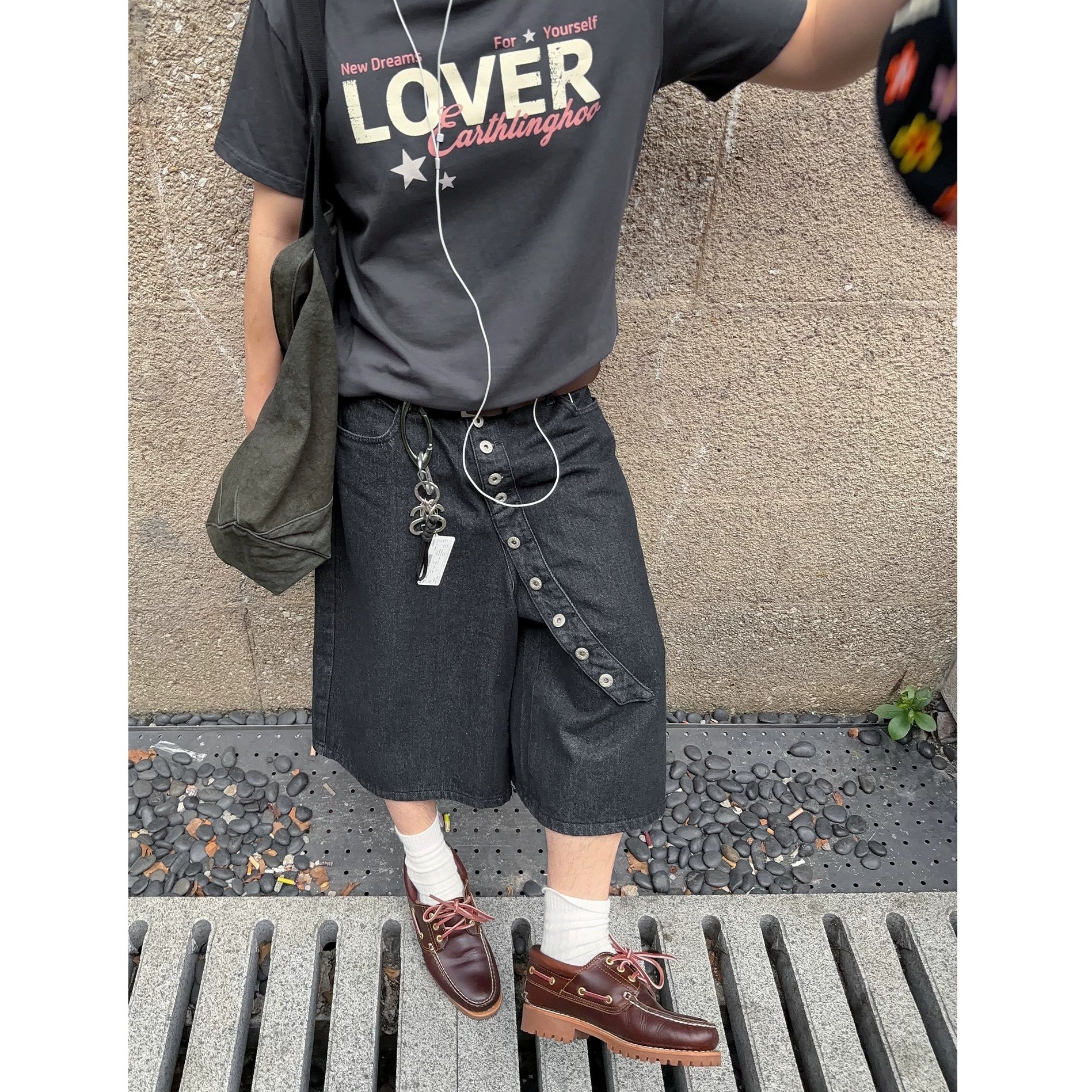 Asymmetric Curve Button Wide Cropped Jeans MB7390