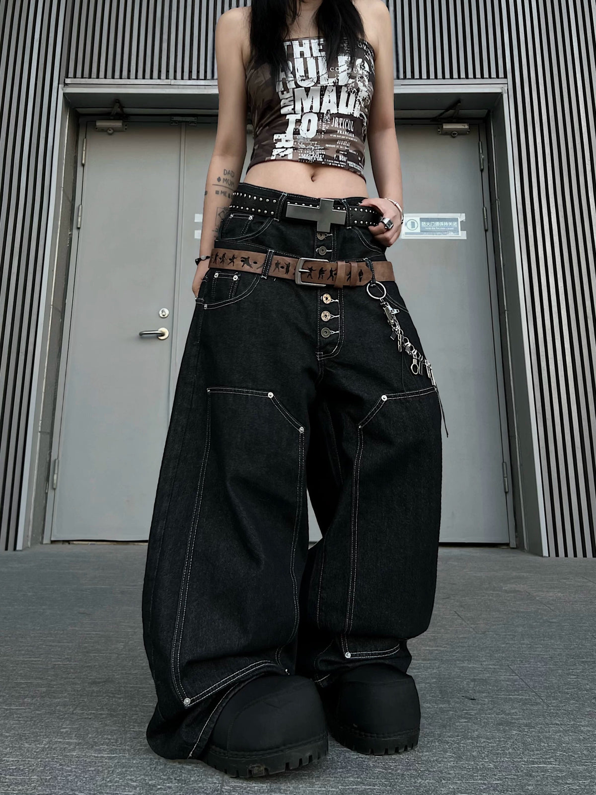 Double-Waist Back Logo Loose Denim Pants MB7459