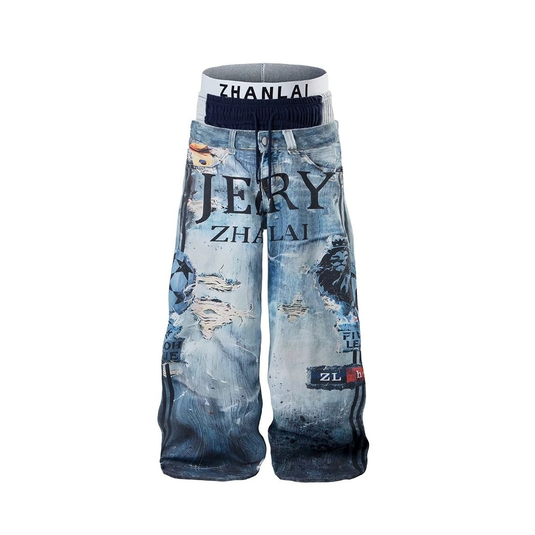 Graffiti Printed Triple Waist Wide Jeans MB7404