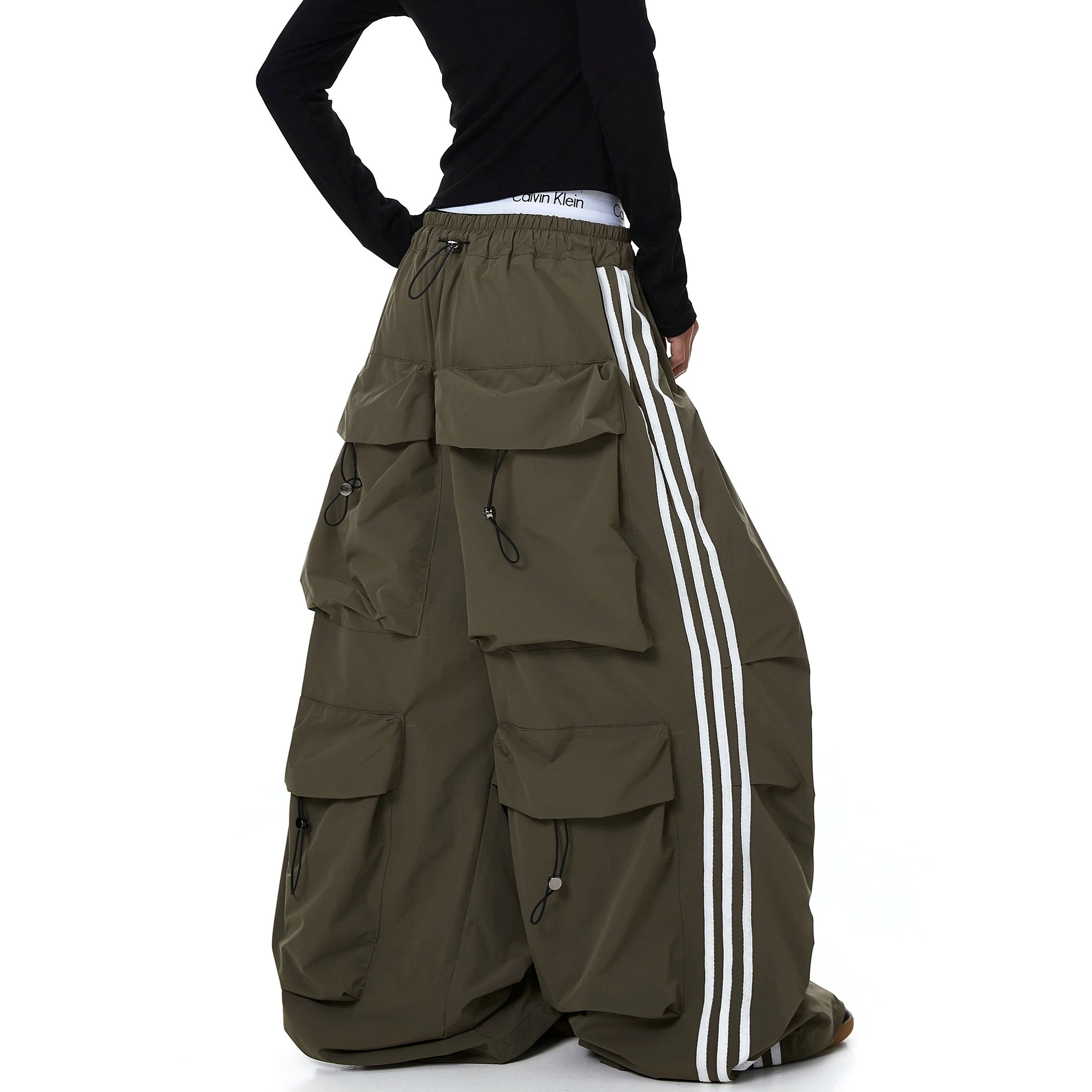 Striped Pleated Multi-Pocket Paratrooper Pants MB7403