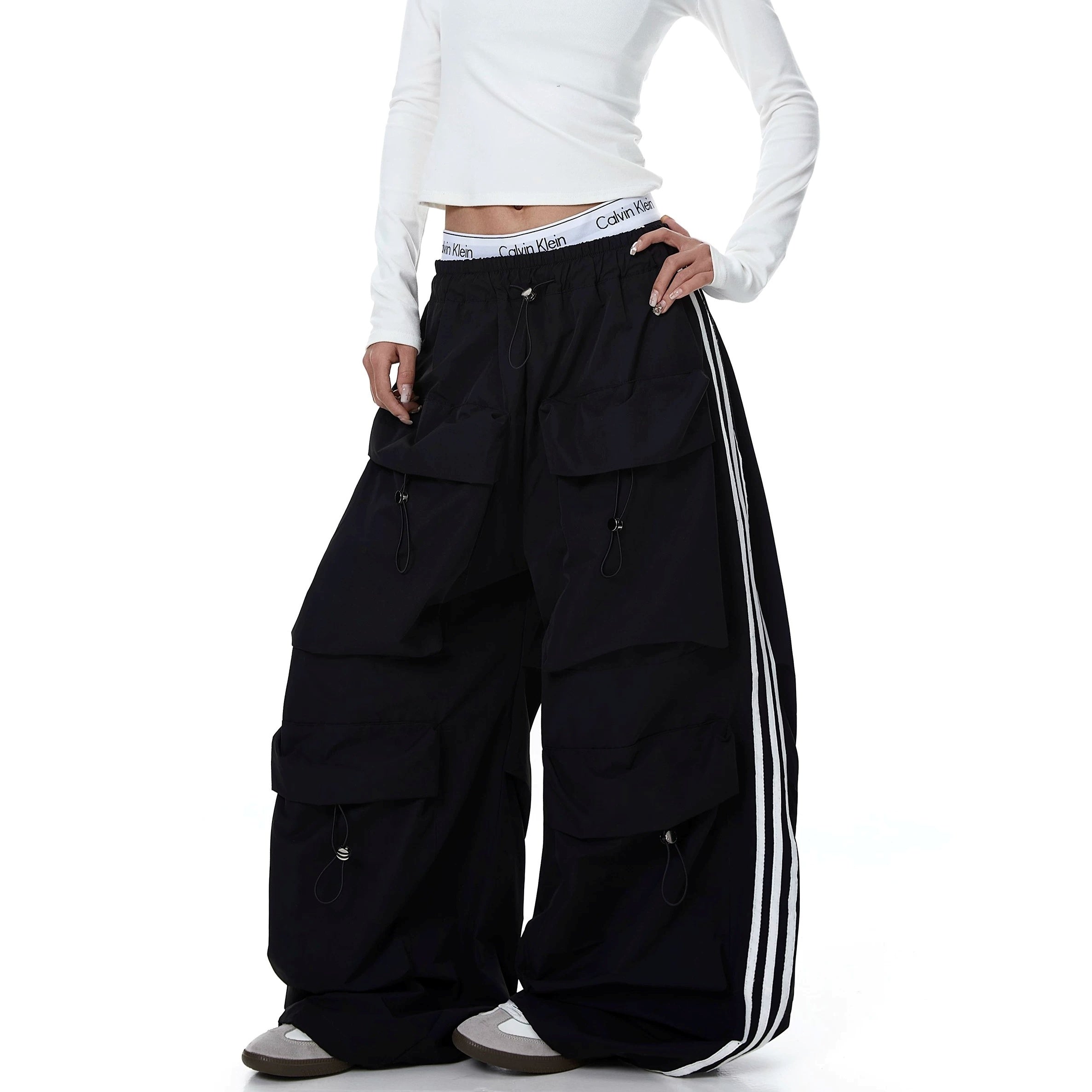 Striped Pleated Multi-Pocket Paratrooper Pants MB7403