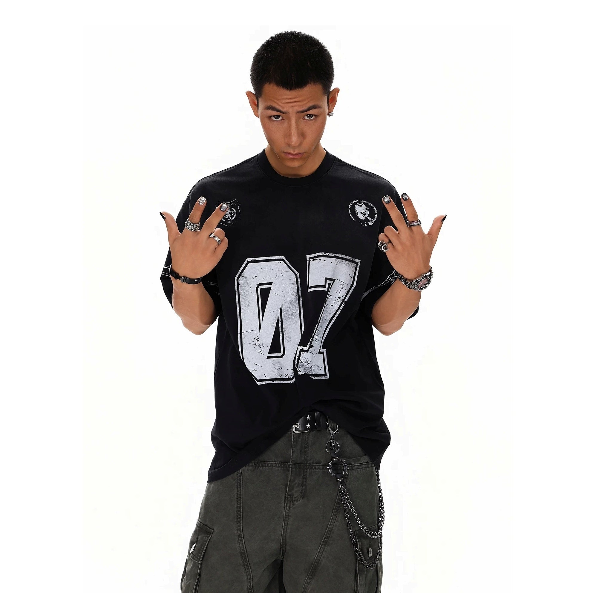 Dirty Dye Distressed Numbering Printed T-Shirt MB7415