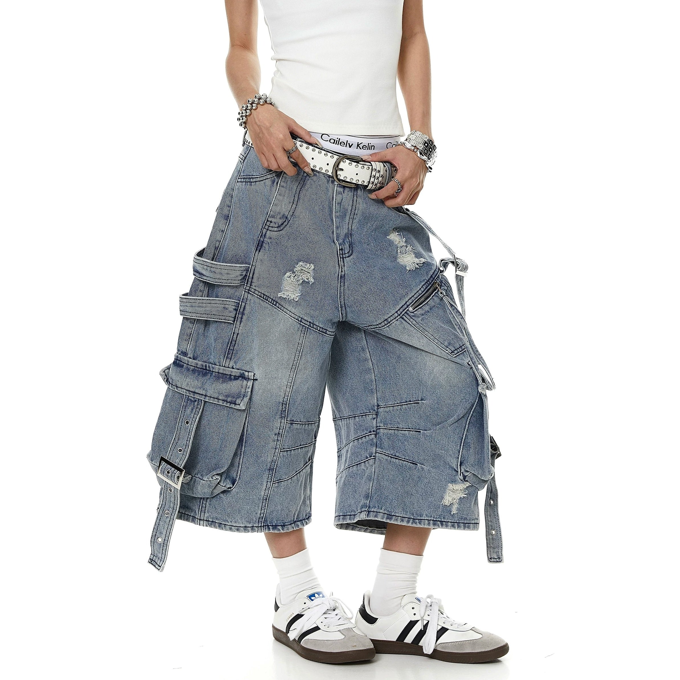 Straps Deconstructed Cropped Denim Cargo Pants MB7402