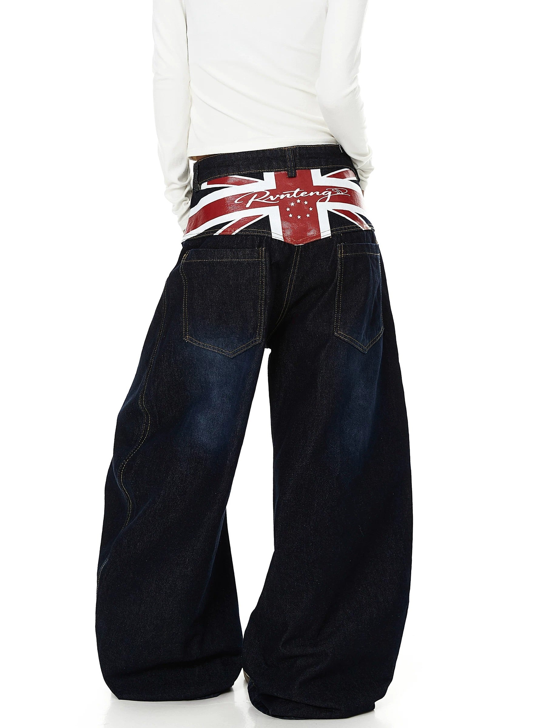 American Flag Print Washed Curved Jeans MB7443