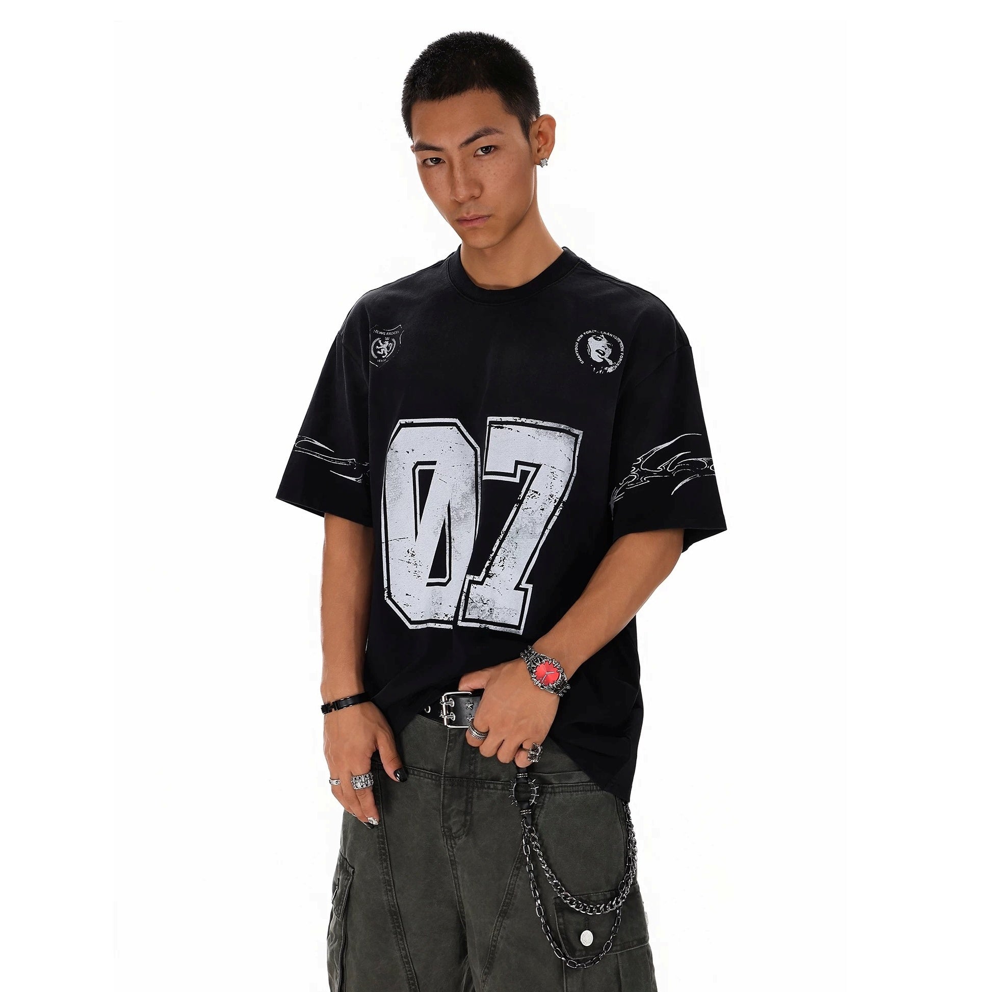 Dirty Dye Distressed Numbering Printed T-Shirt MB7415