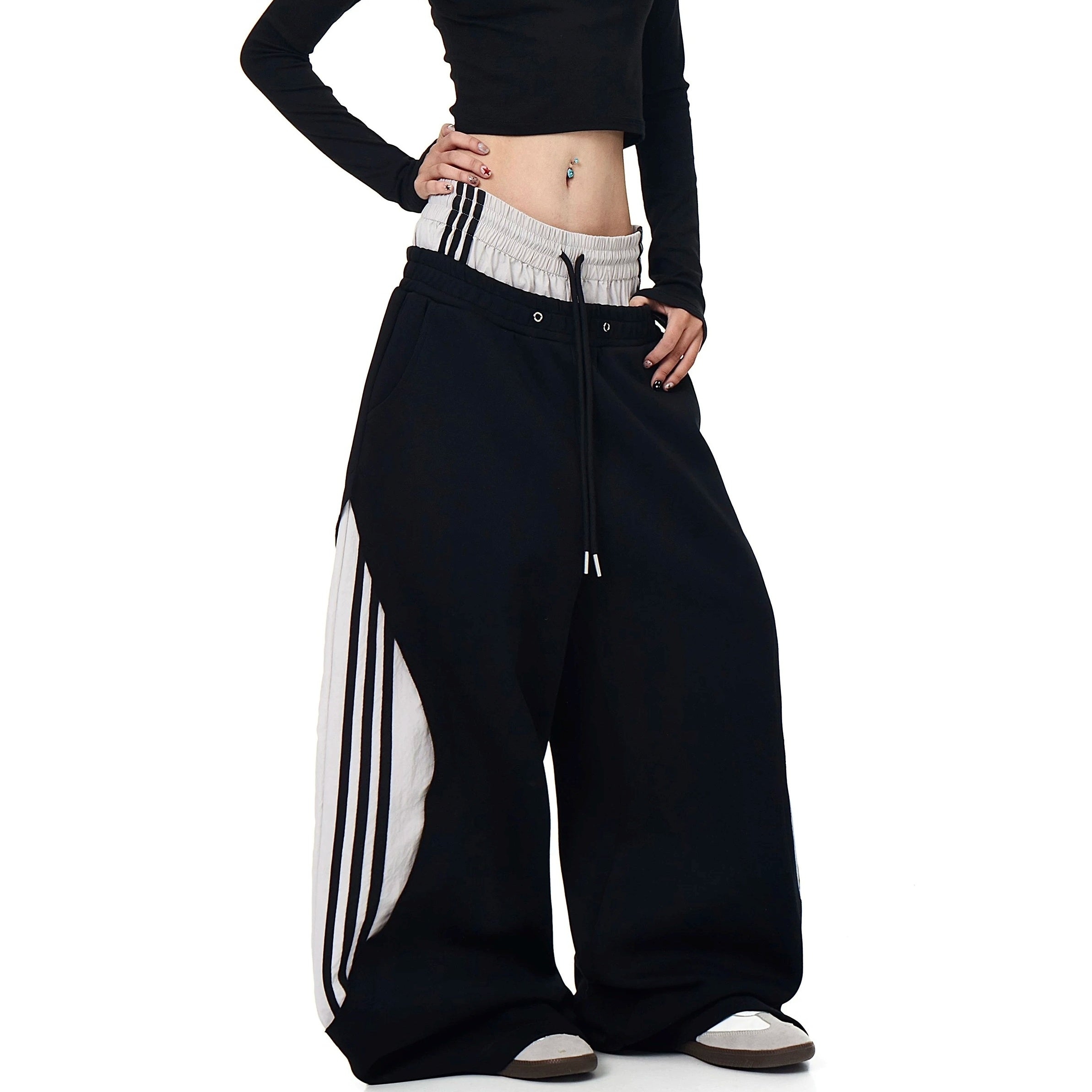 Double-Waist Patchwork Three-Stripe Wide Sweat Pants MB7406