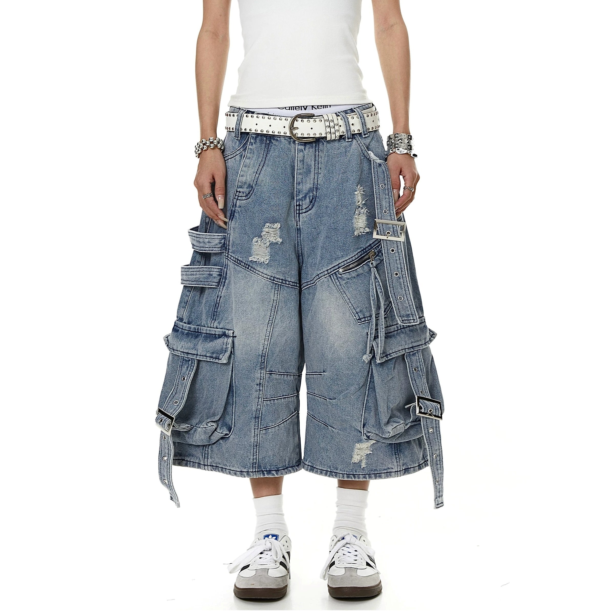 Straps Deconstructed Cropped Denim Cargo Pants MB7402