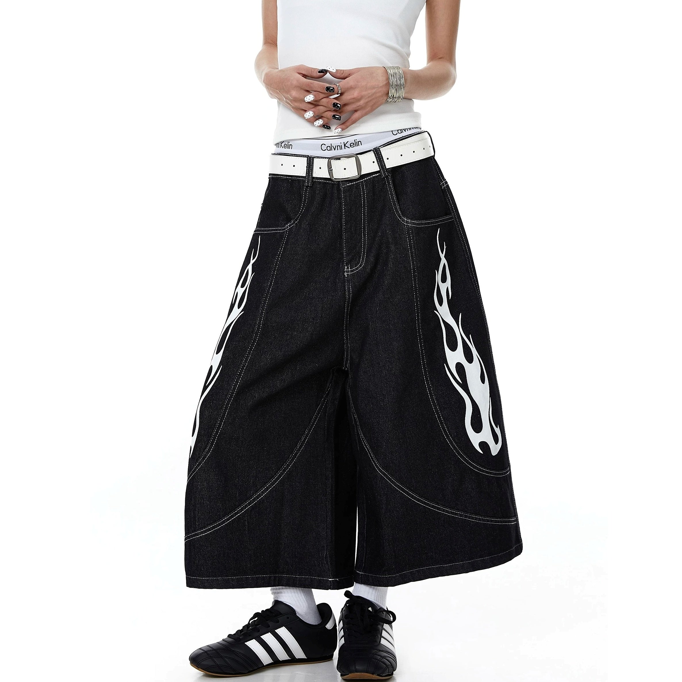 Flame Print Cropped Denim Wide Pants MB7410