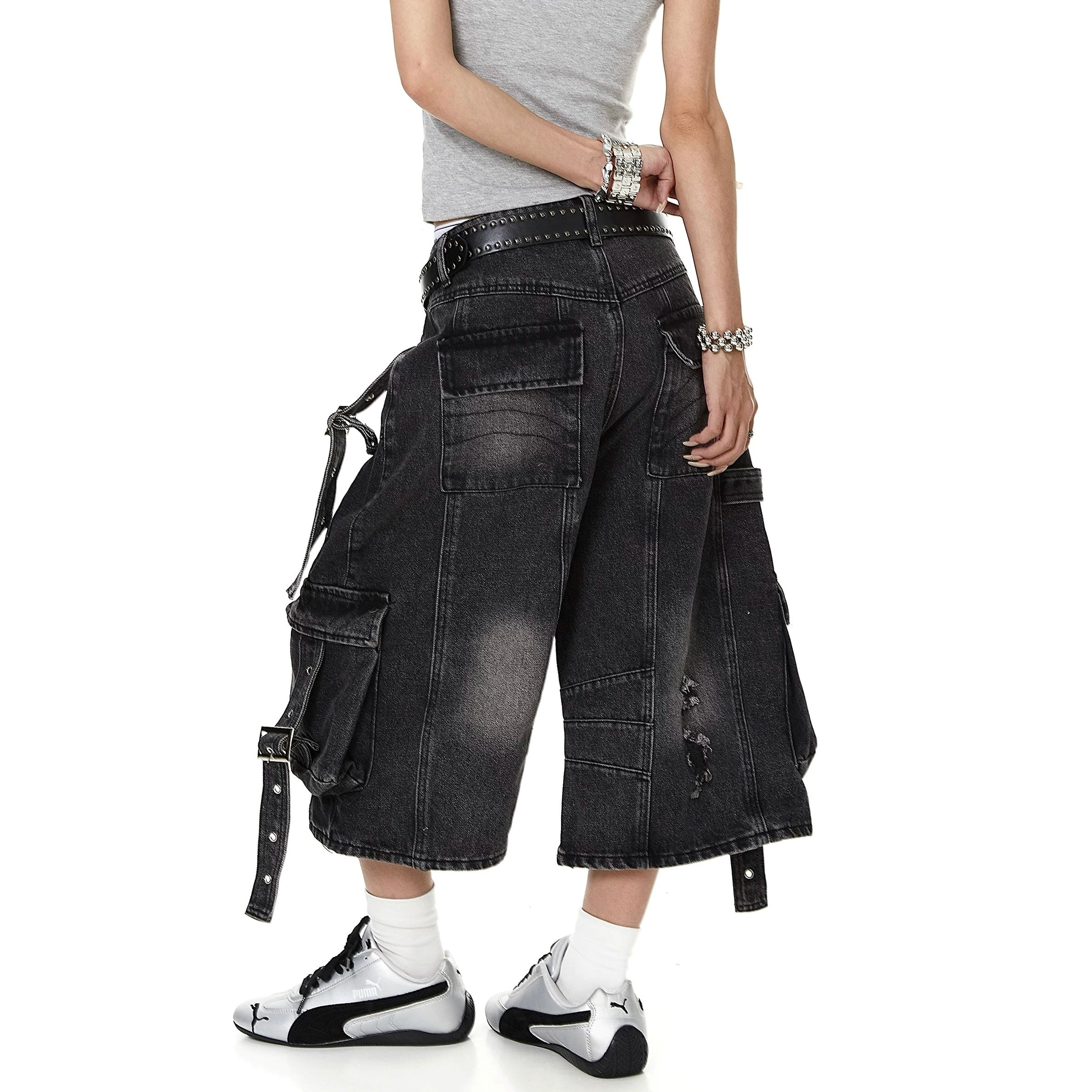 Straps Deconstructed Cropped Denim Cargo Pants MB7402