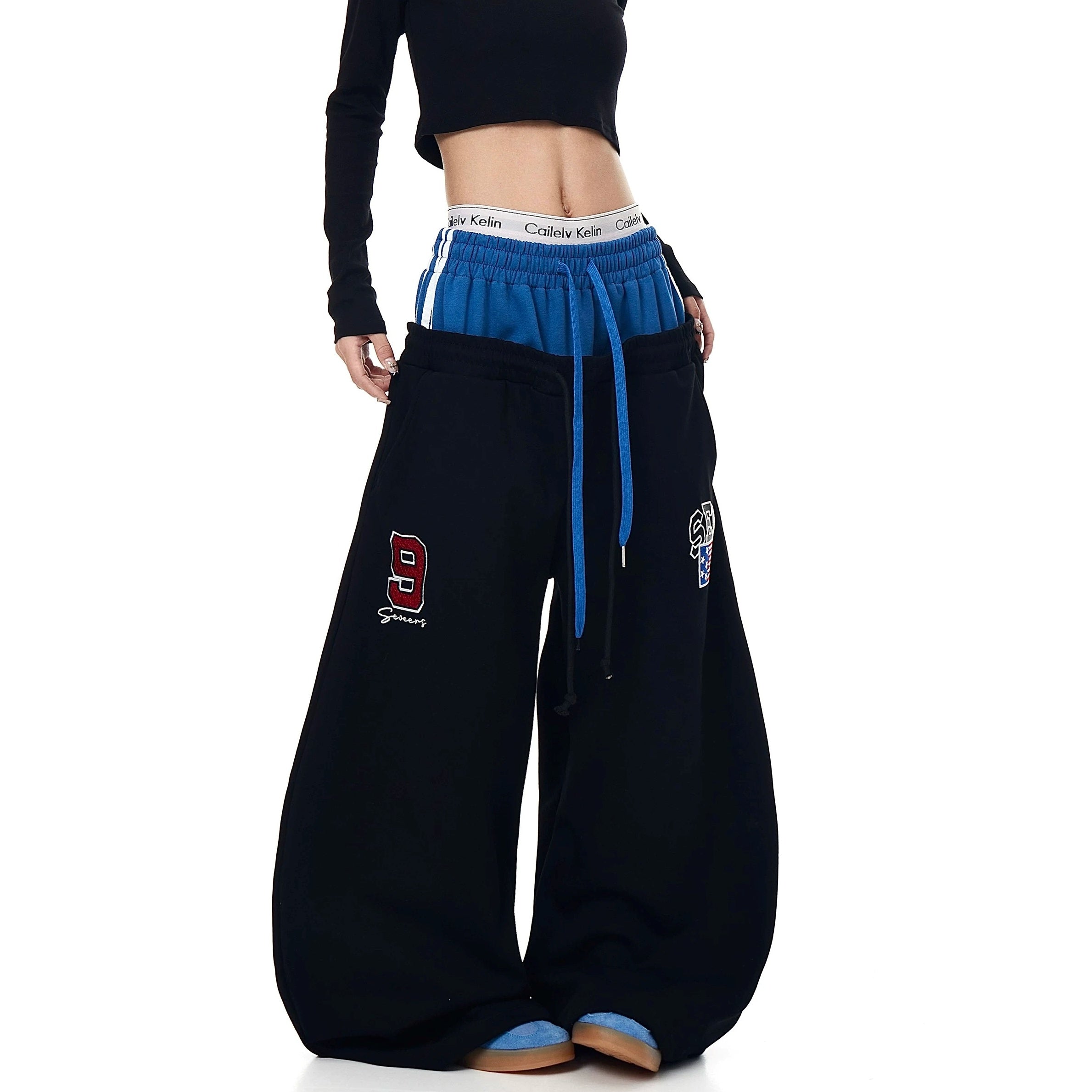 Double-Waist Letter Print Curve Sweat Pants MB7414