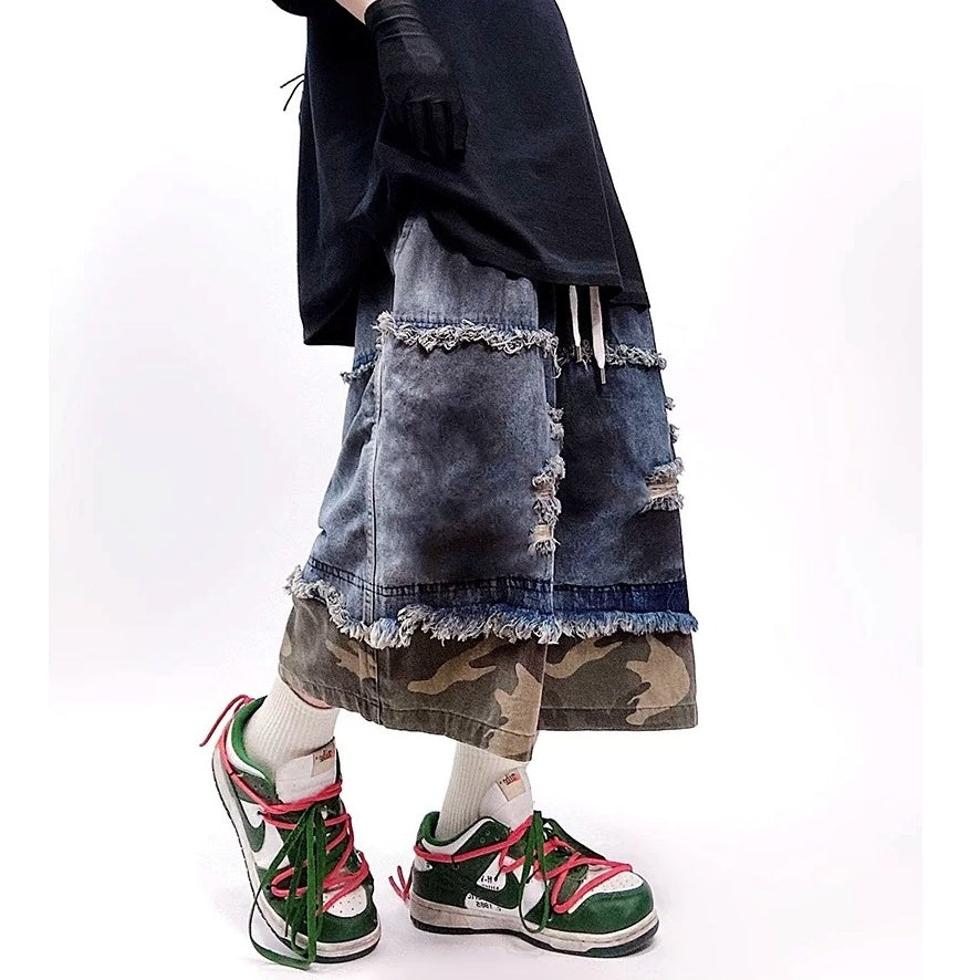 Camouflage Ripped Cropped Denim Pants MB7377