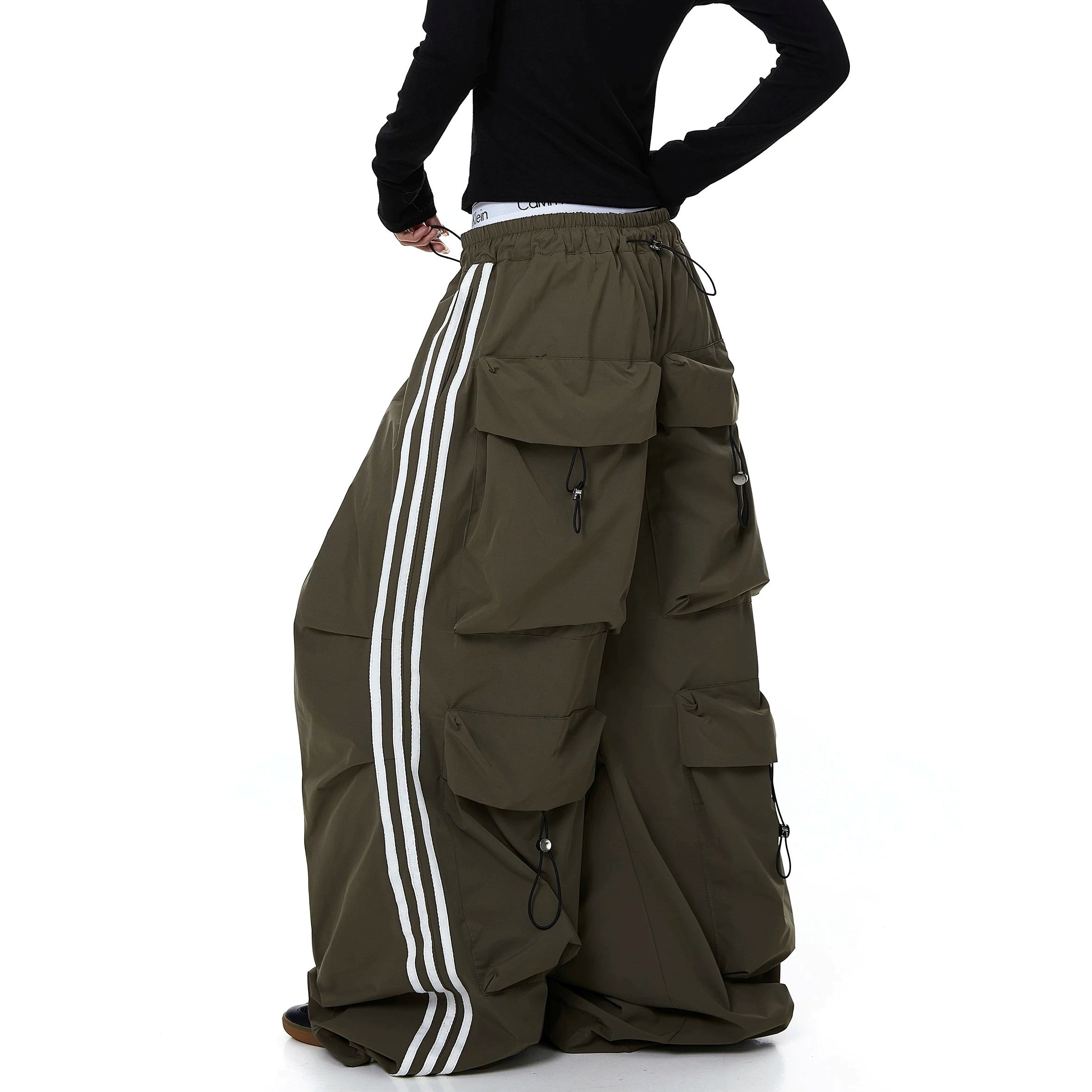 Striped Pleated Multi-Pocket Paratrooper Pants MB7403