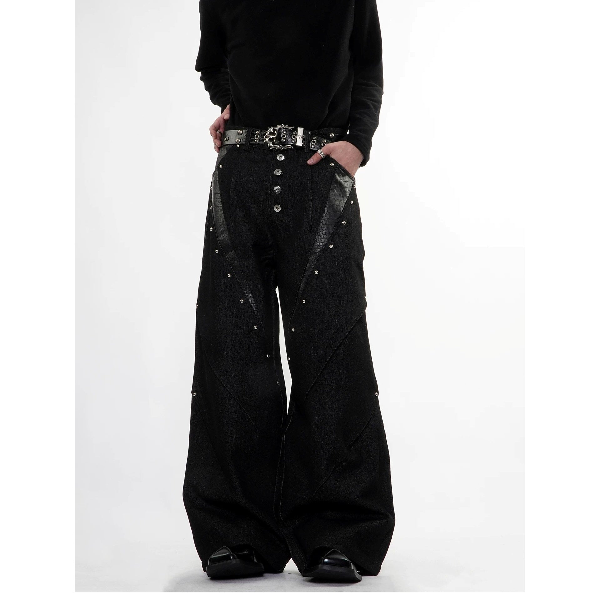Studded Snake-Embossed Wide Denim Pants MB7411