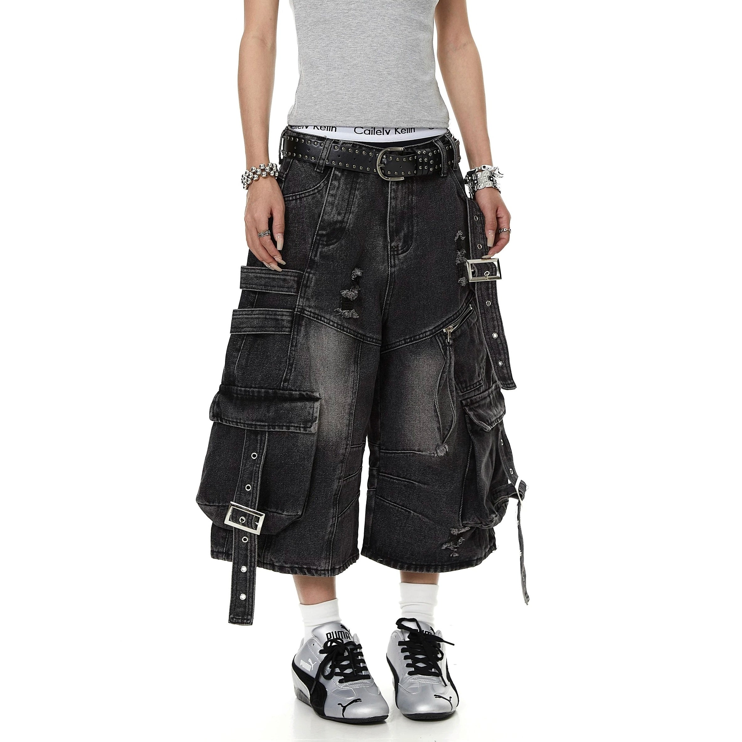 Straps Deconstructed Cropped Denim Cargo Pants MB7402