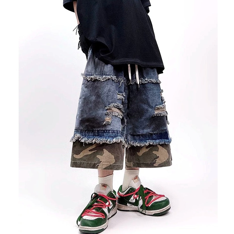 Camouflage Ripped Cropped Denim Pants MB7377