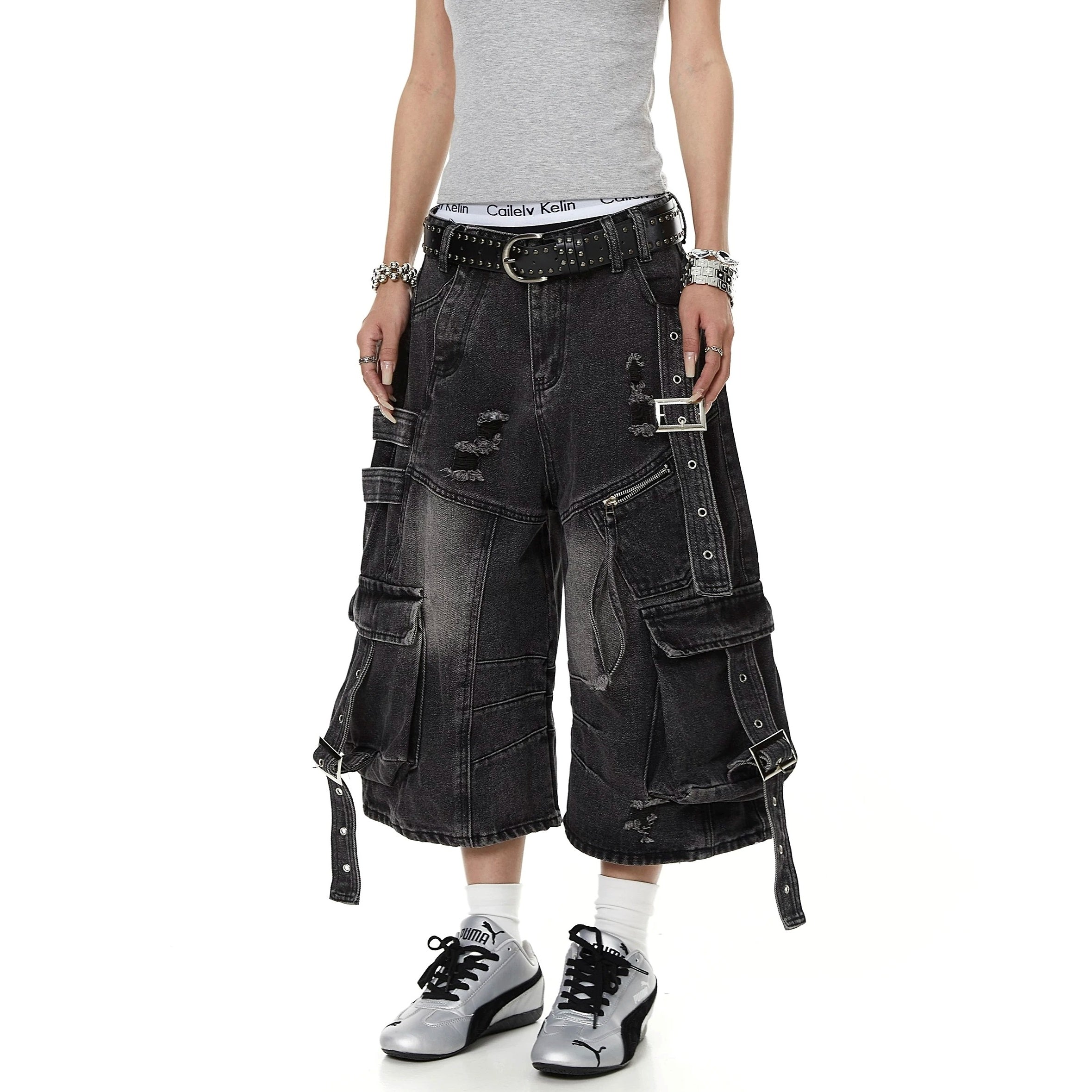 Straps Deconstructed Cropped Denim Cargo Pants MB7402