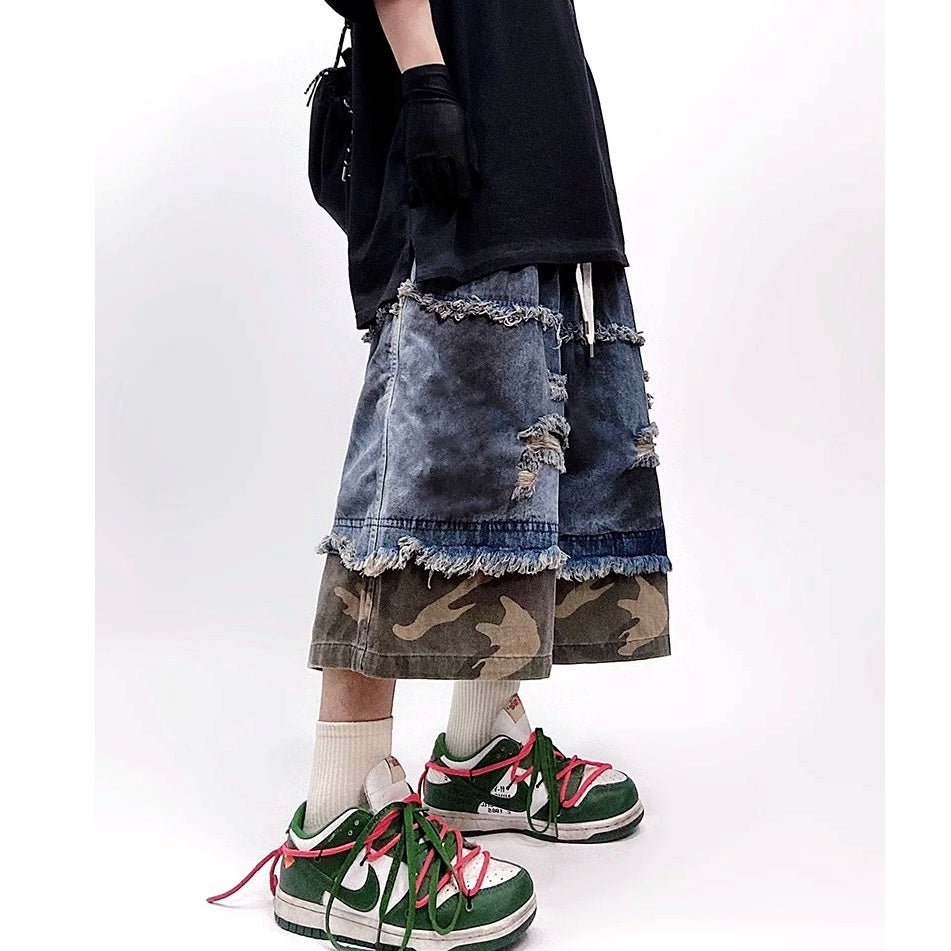Camouflage Ripped Cropped Denim Pants MB7377