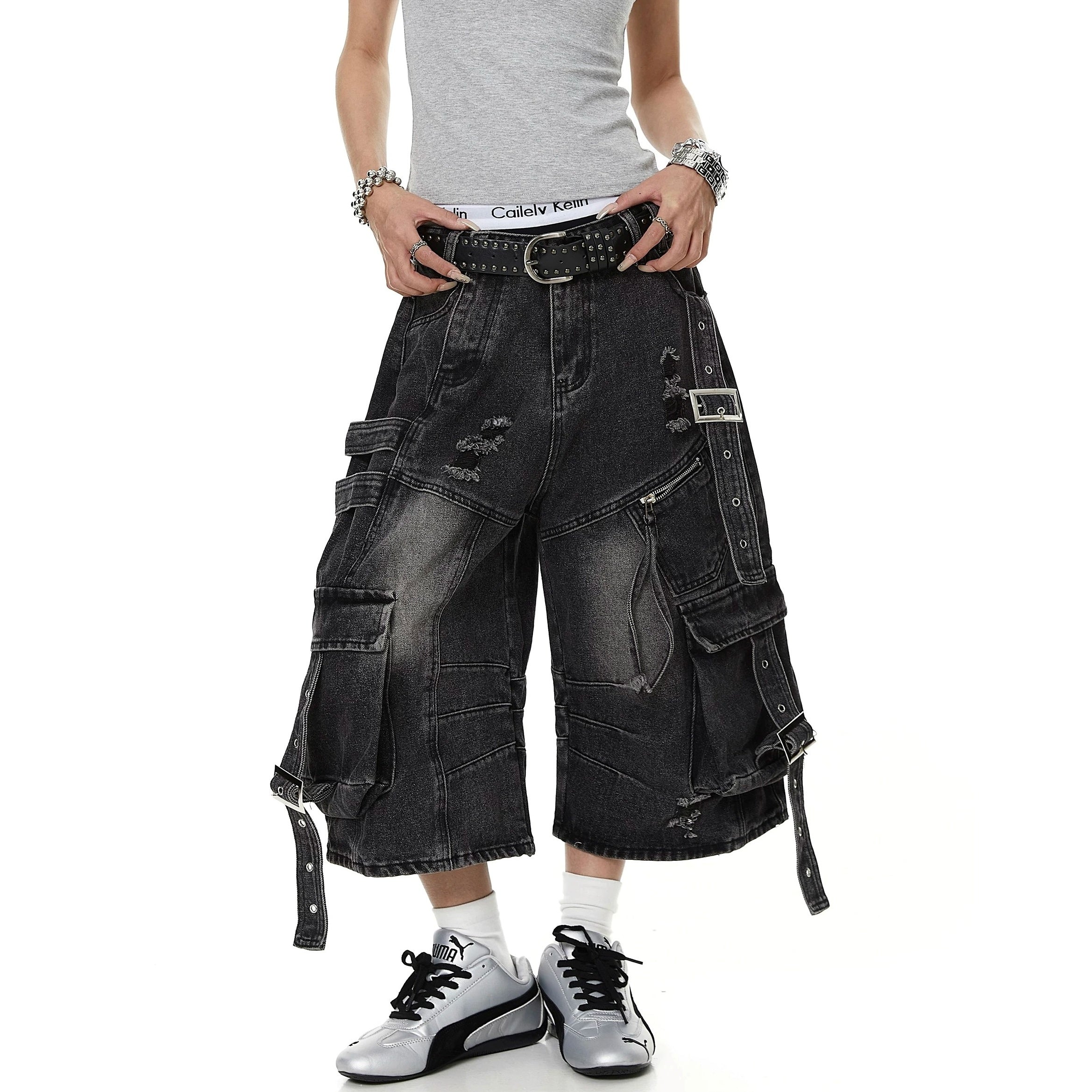 Straps Deconstructed Cropped Denim Cargo Pants MB7402