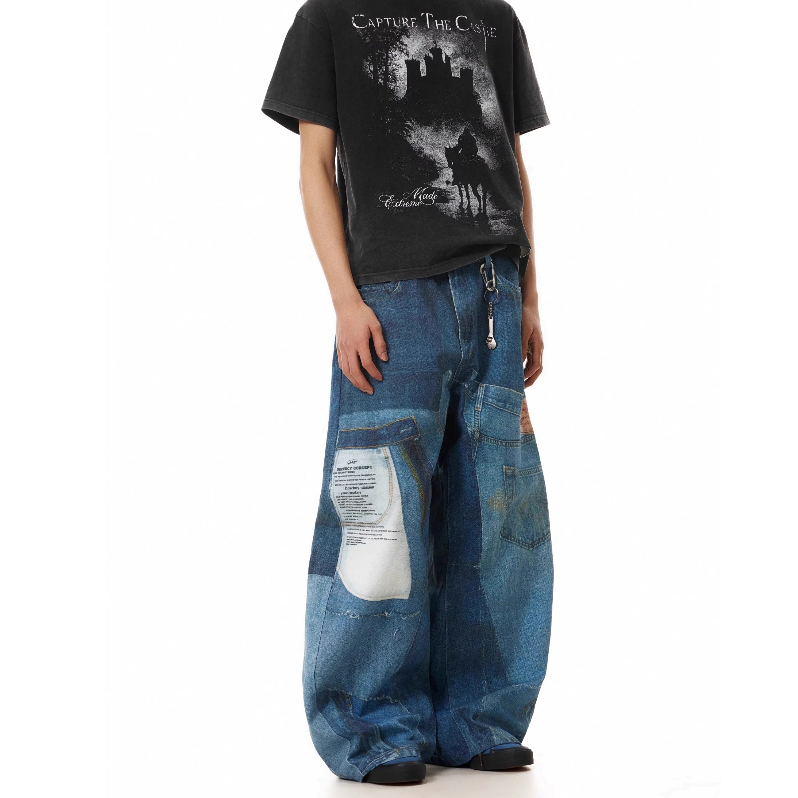 3D Digital Patchwork Print Baggy Loose Jeans MB7374