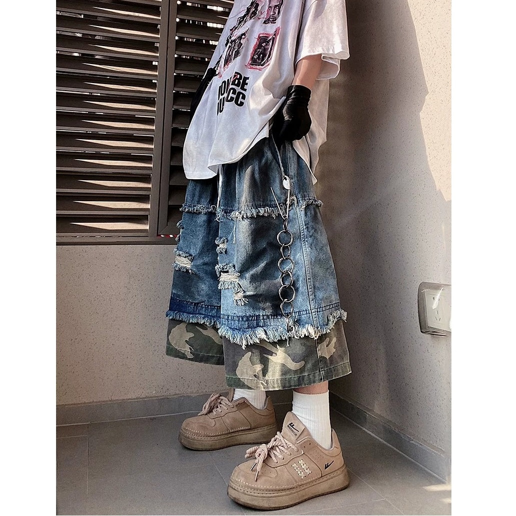 Camouflage Ripped Cropped Denim Pants MB7377