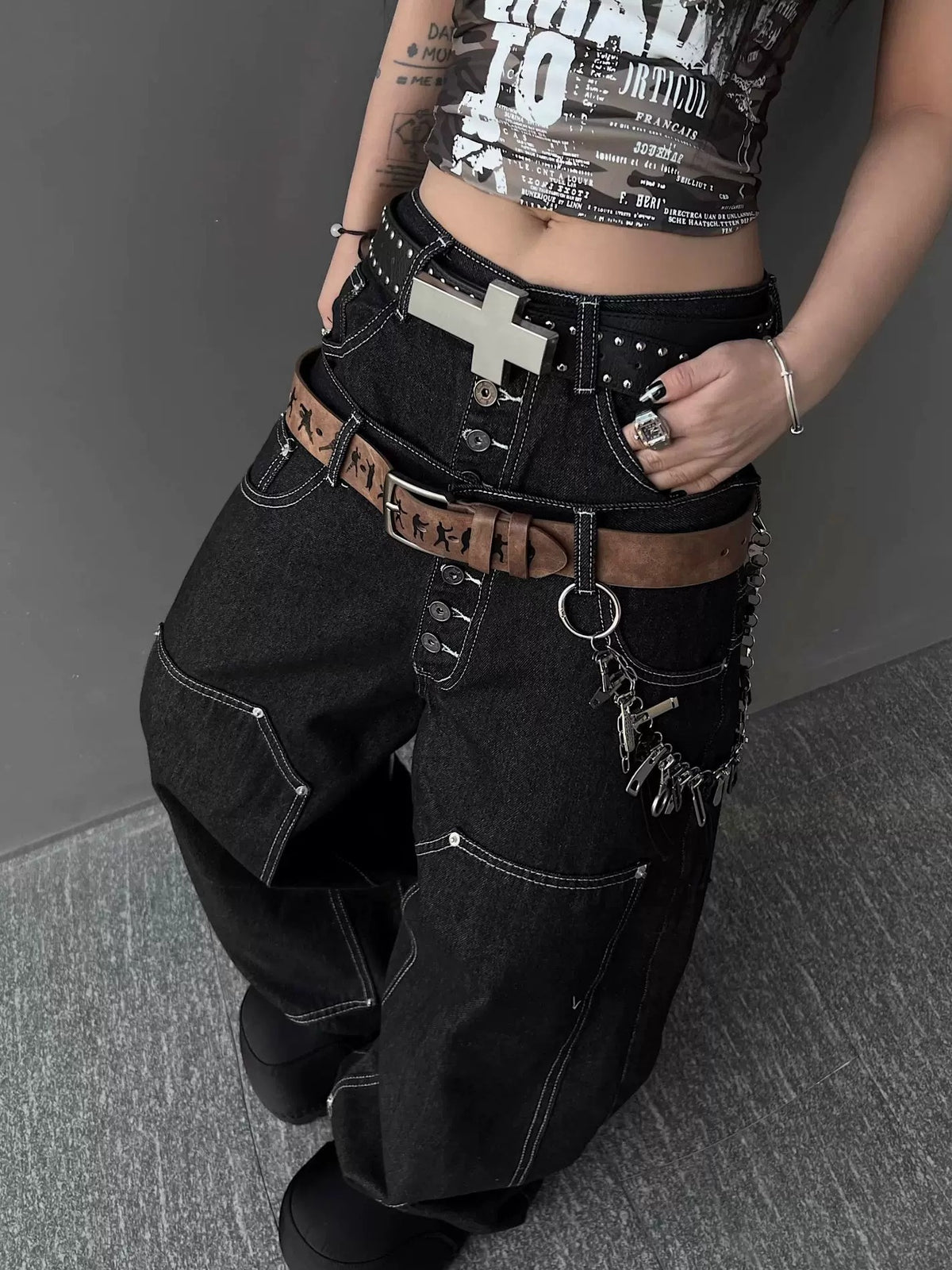 Double-Waist Back Logo Loose Denim Pants MB7459