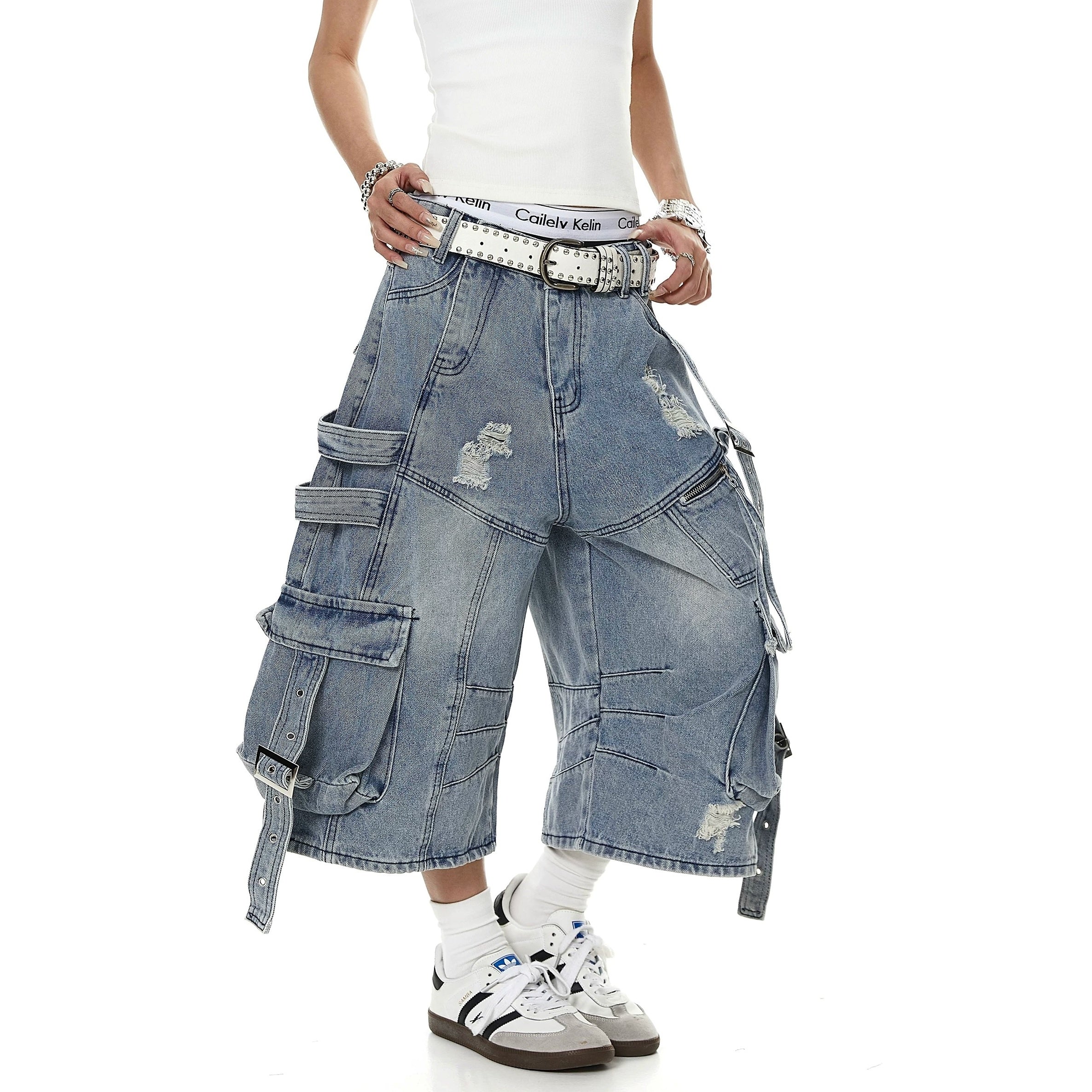 Straps Deconstructed Cropped Denim Cargo Pants MB7402
