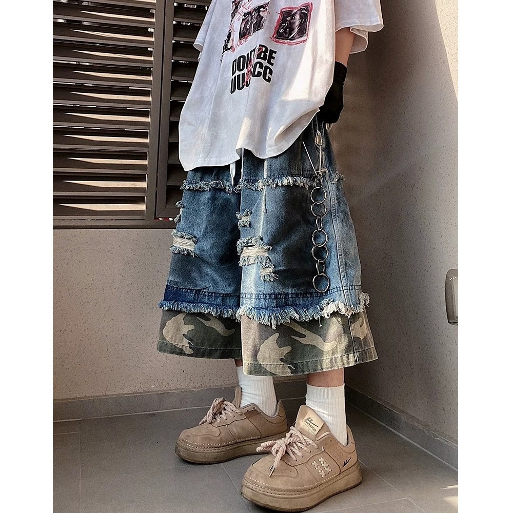 Camouflage Ripped Cropped Denim Pants MB7377