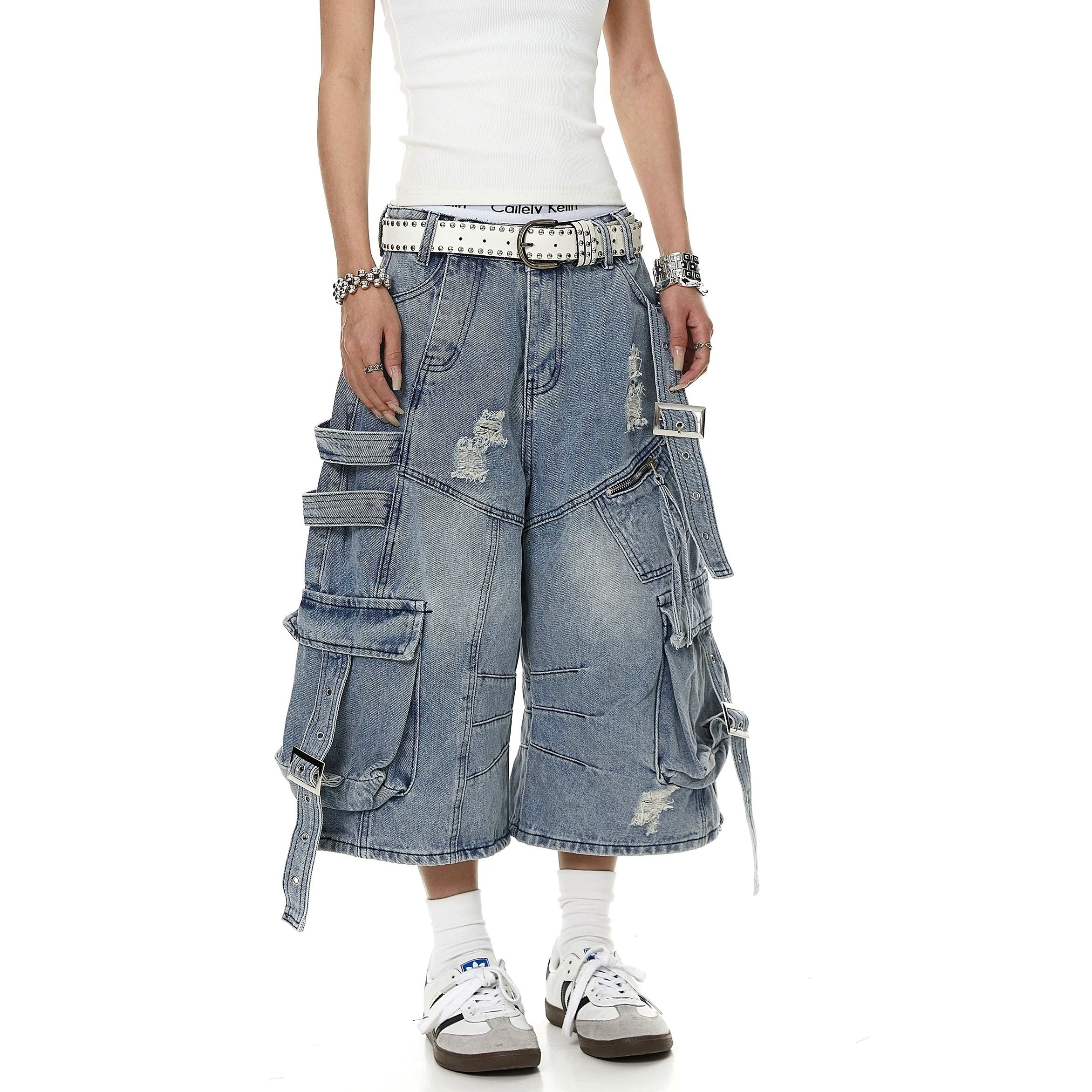 Straps Deconstructed Cropped Denim Cargo Pants MB7402