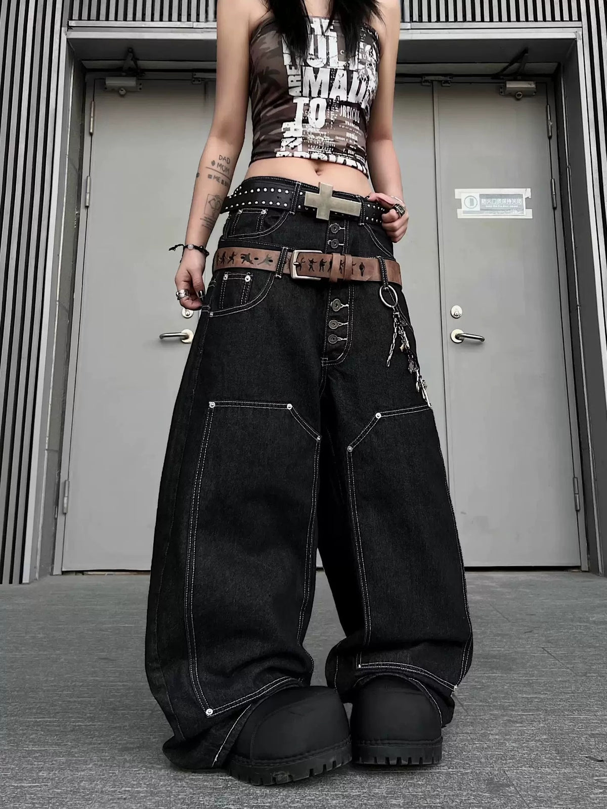 Double-Waist Back Logo Loose Denim Pants MB7459