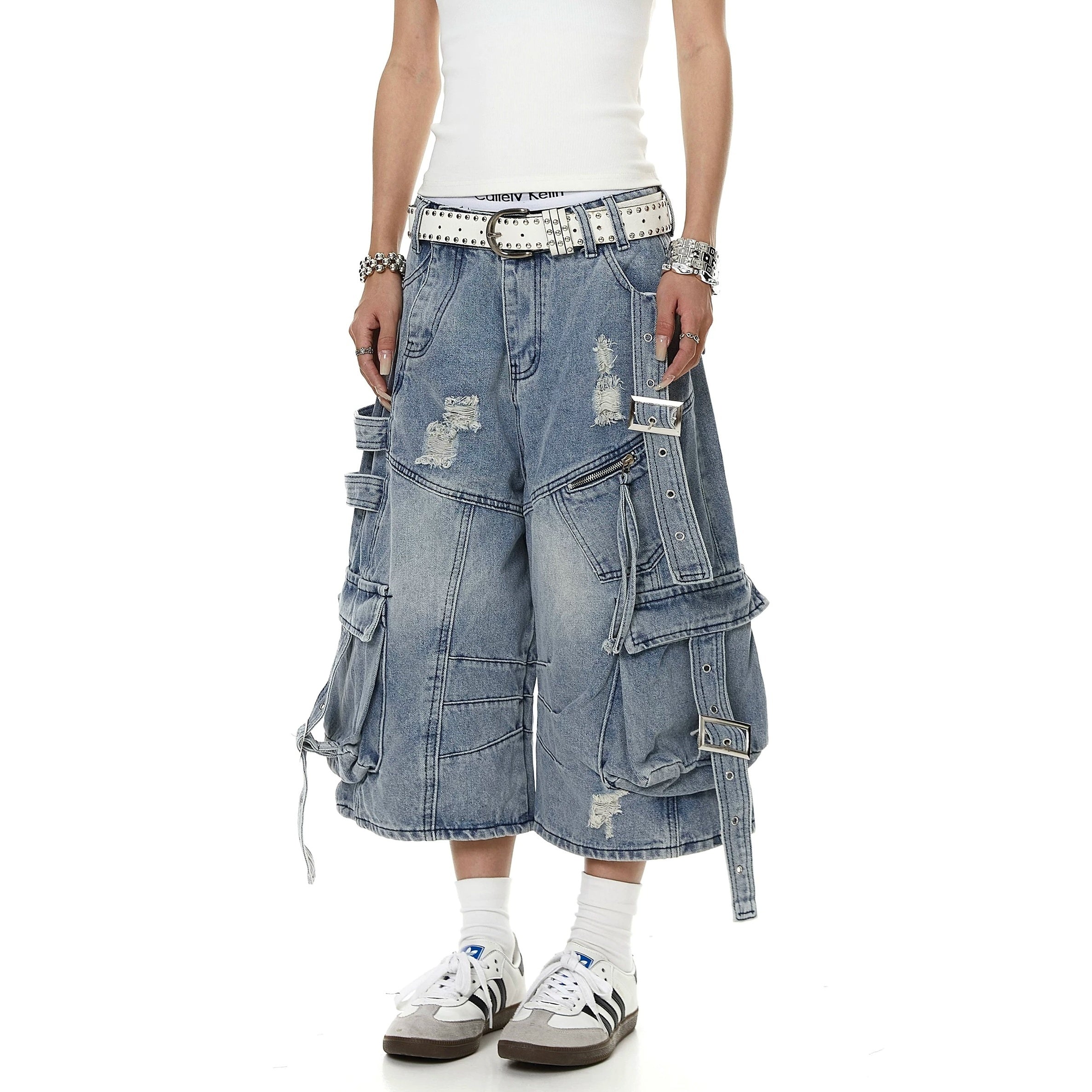 Straps Deconstructed Cropped Denim Cargo Pants MB7402