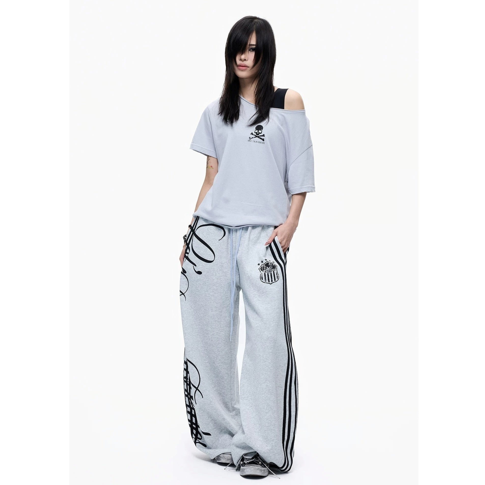 Side Line Letter Print Loose Sweat Pants MB7405