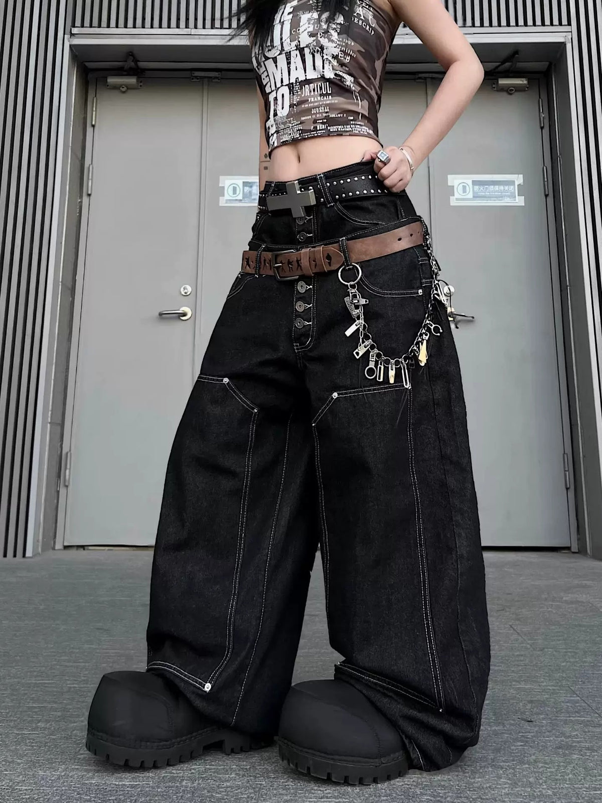 Double-Waist Back Logo Loose Denim Pants MB7459