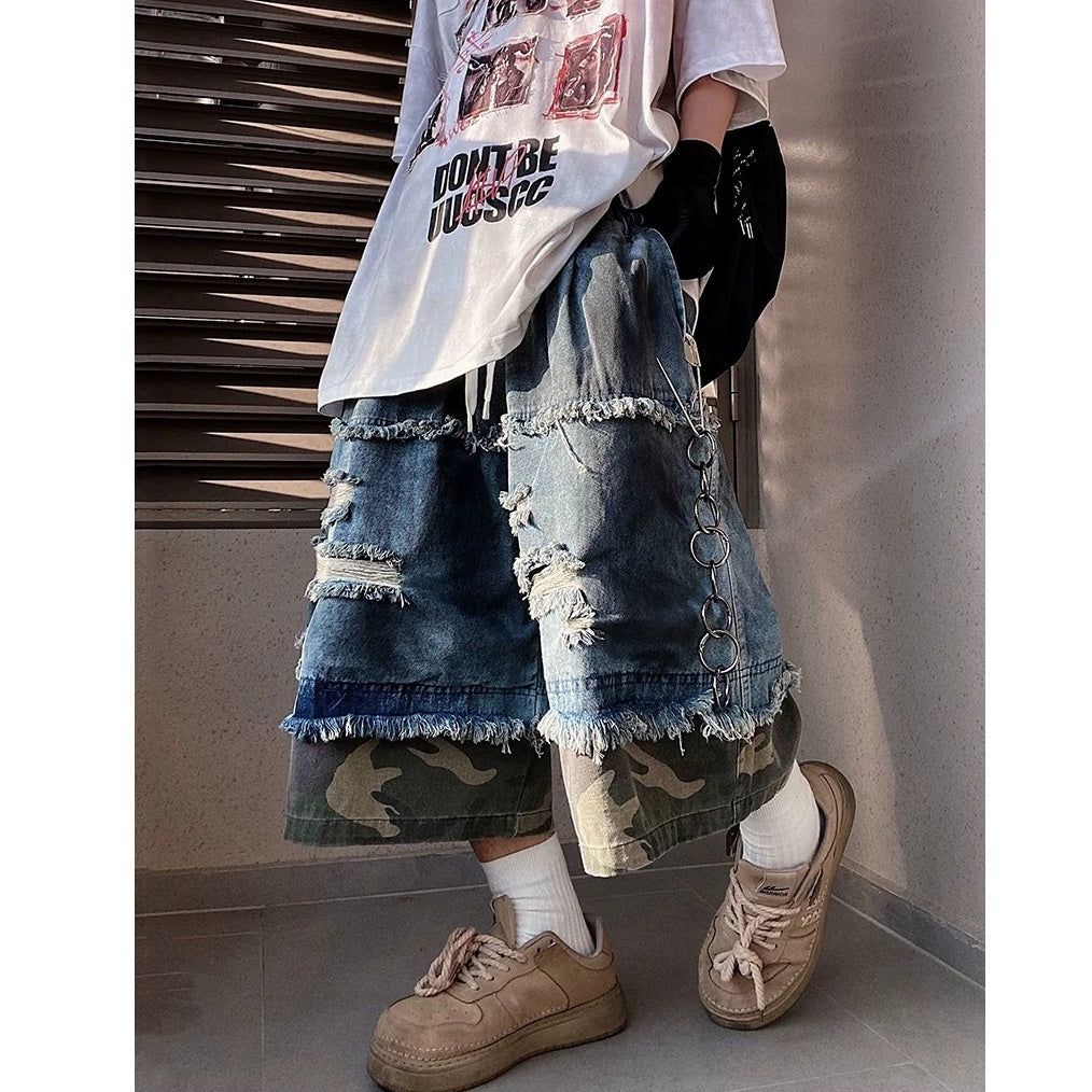 Camouflage Ripped Cropped Denim Pants MB7377