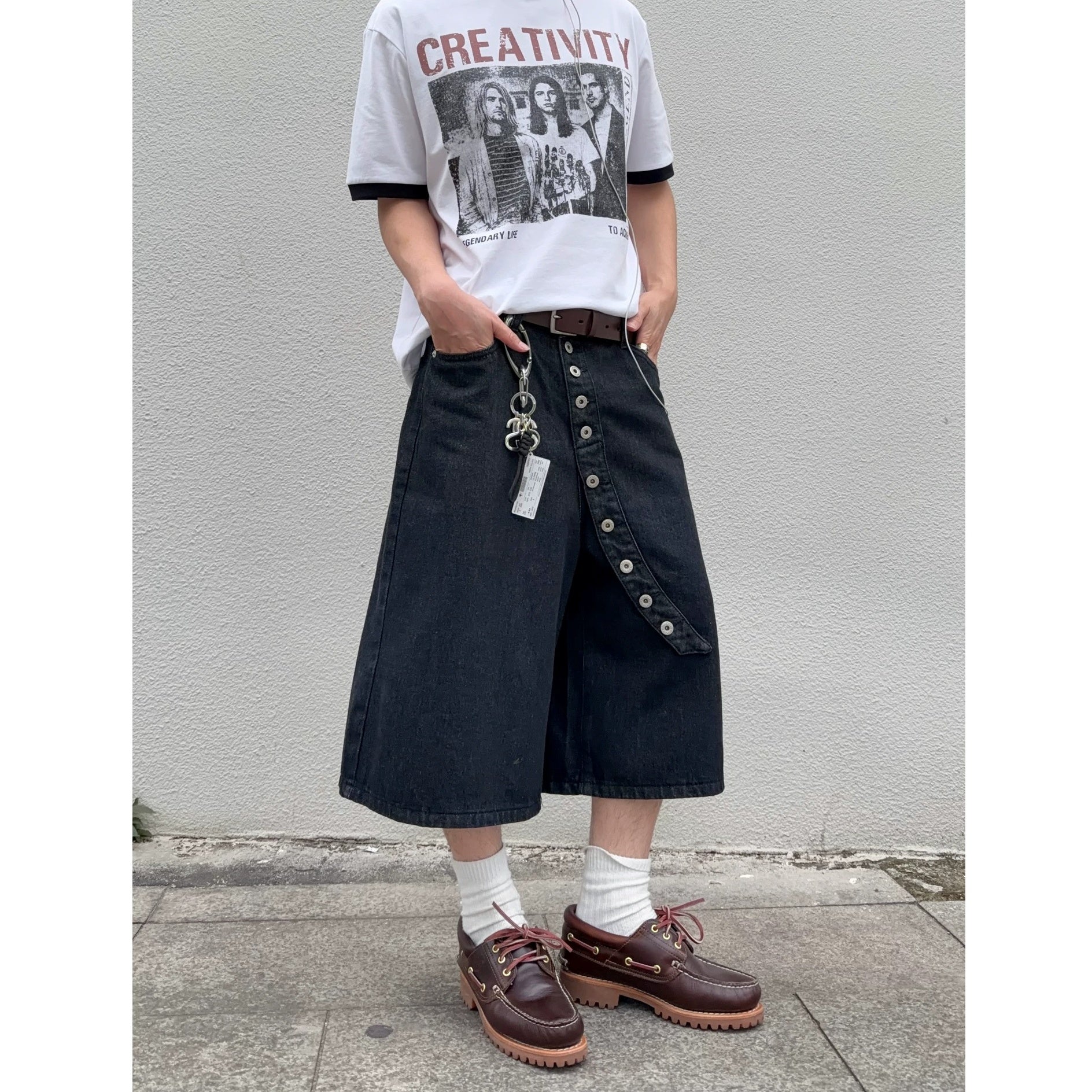 Asymmetric Curve Button Wide Cropped Jeans MB7390