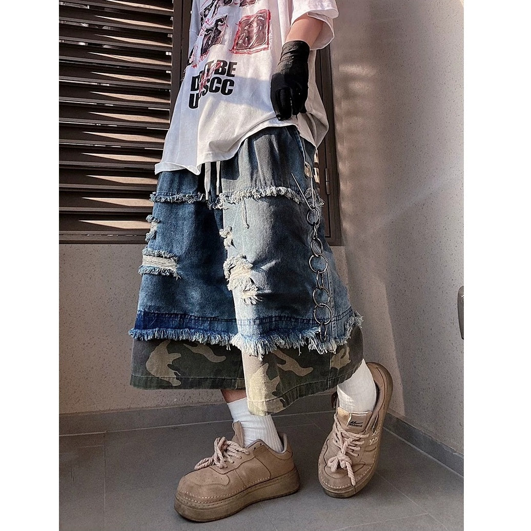 Camouflage Ripped Cropped Denim Pants MB7377