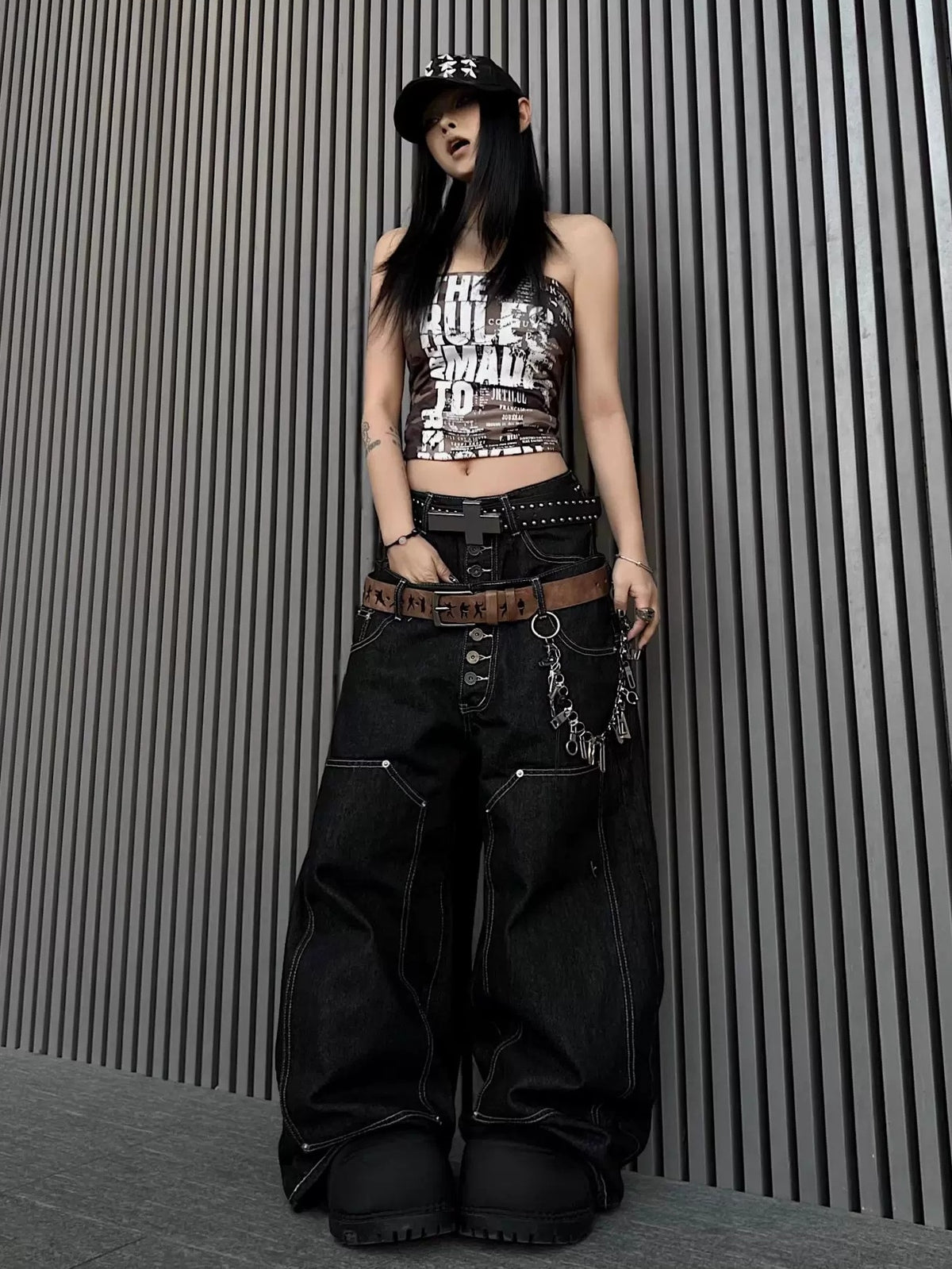 Double-Waist Back Logo Loose Denim Pants MB7459
