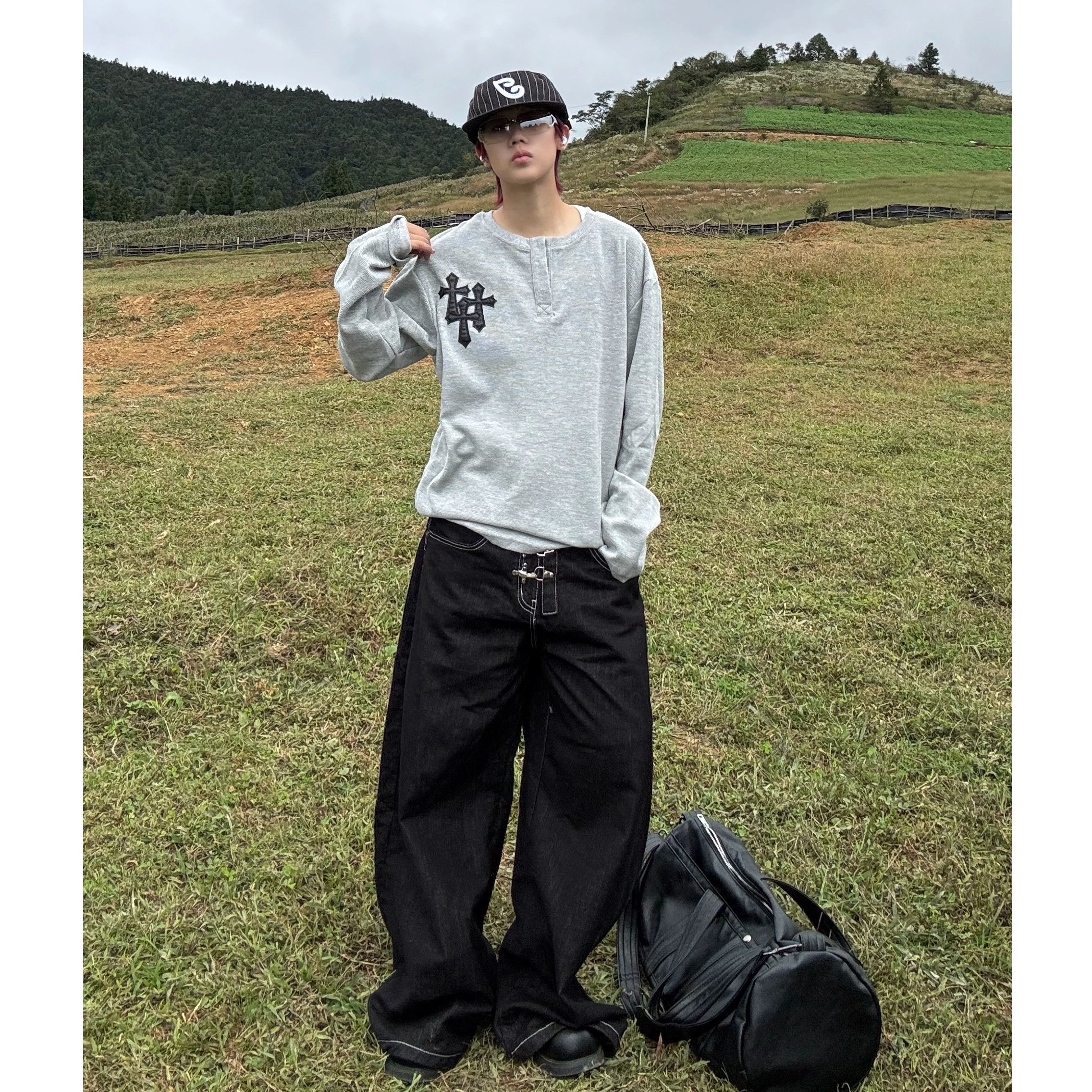 Cross Patchwork Waffle Henry Long Sleeve T-Shirt MB7421